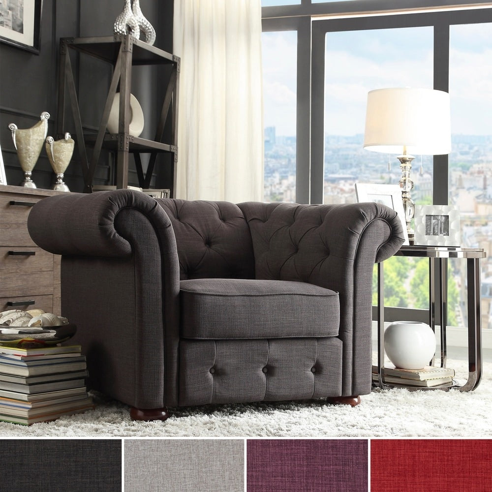 Knightsbridge Linen Tufted Scroll Arm Chesterfield Chair By Inspire Q Artisan