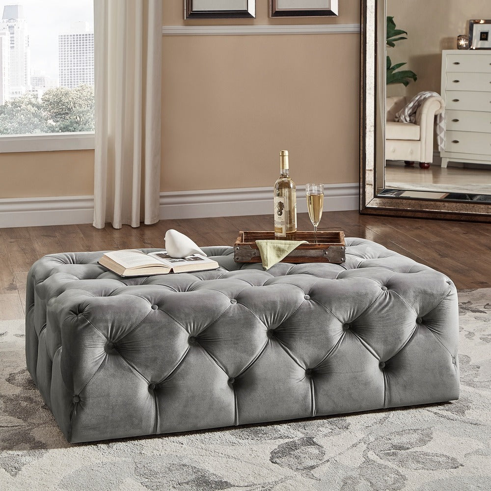 Knightsbridge Rectangular Linen Tufted Cocktail Ottoman With Casters By Inspire Q Artisan