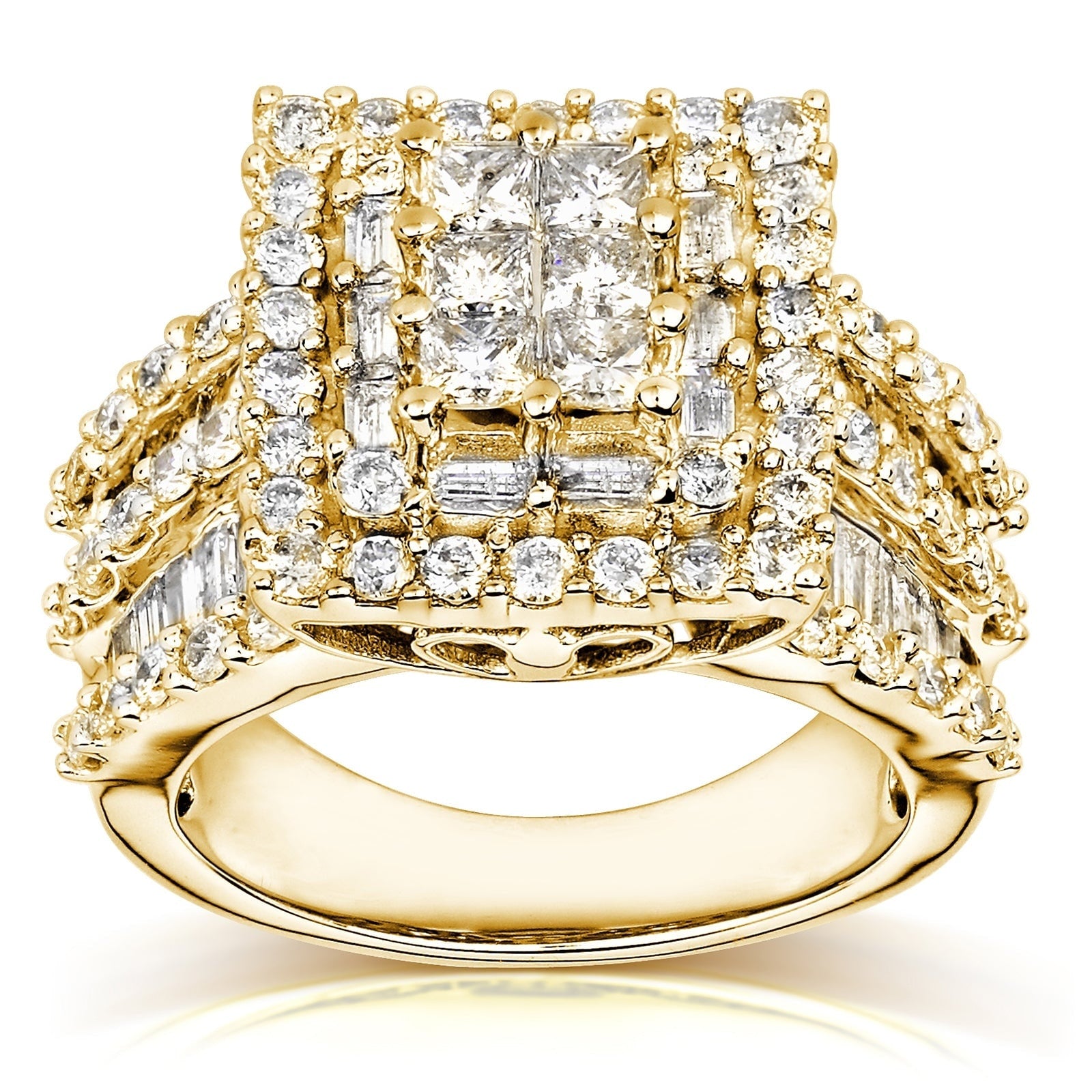 Kobelli 3 Carats Natural Diamond Solid 14K Gold Square Frame Mixed Cut Halo Cluster Engagement Ring