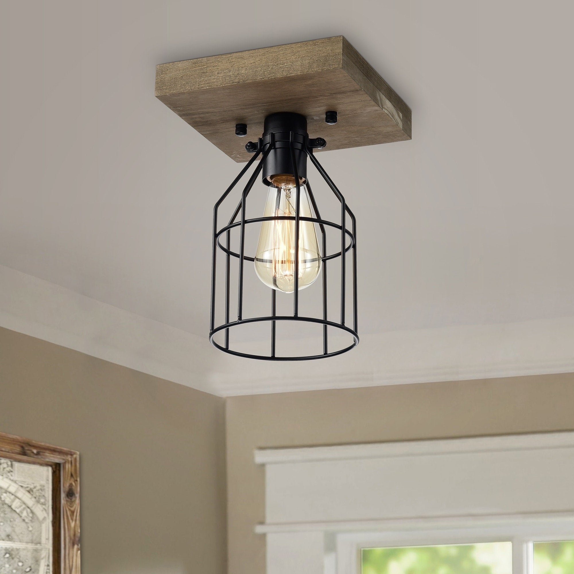 Koko 1 Light Wood And Metal Cage Flush Mount