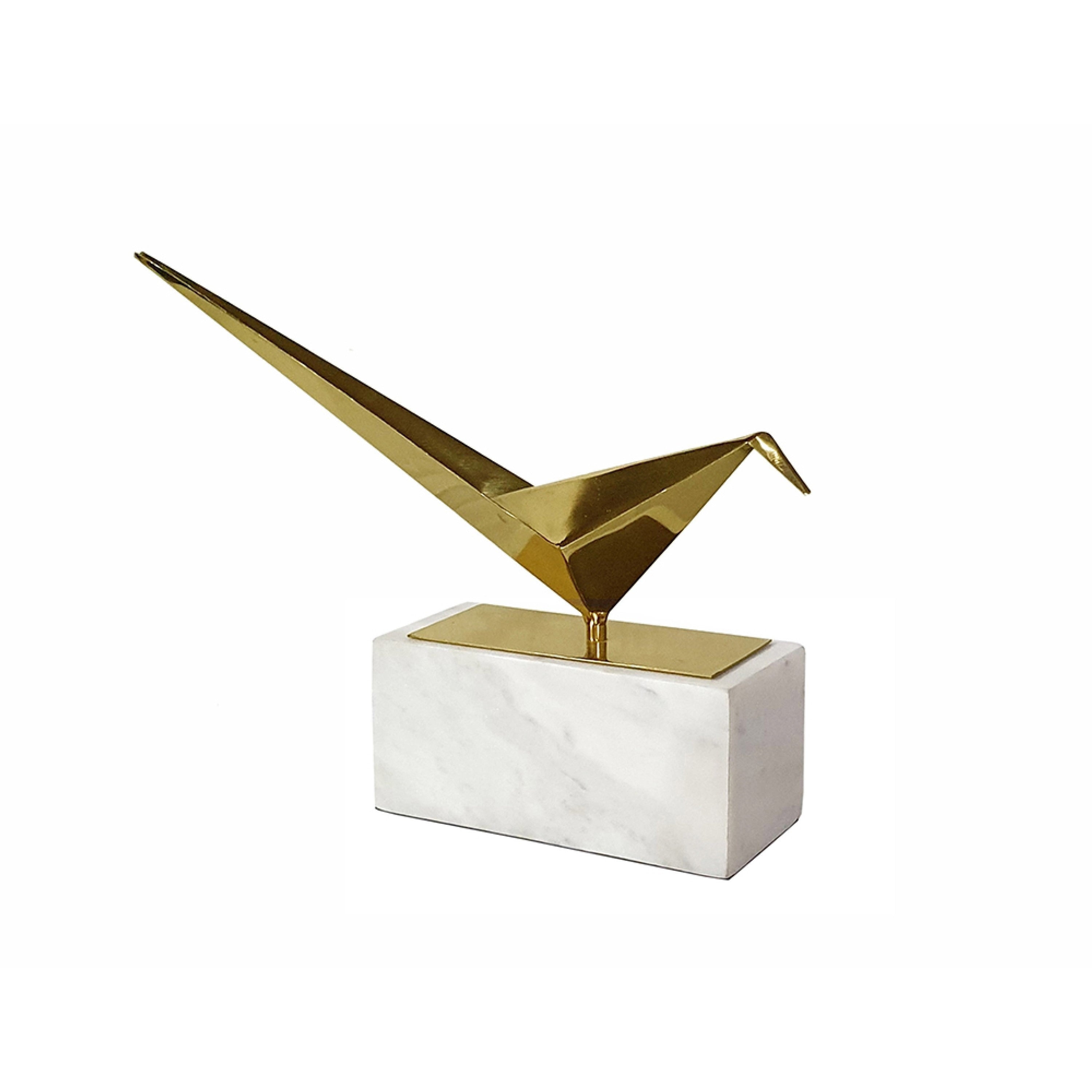 Komi Origami Bird Sculpture White Marble Base 15 Inch Gold Steel