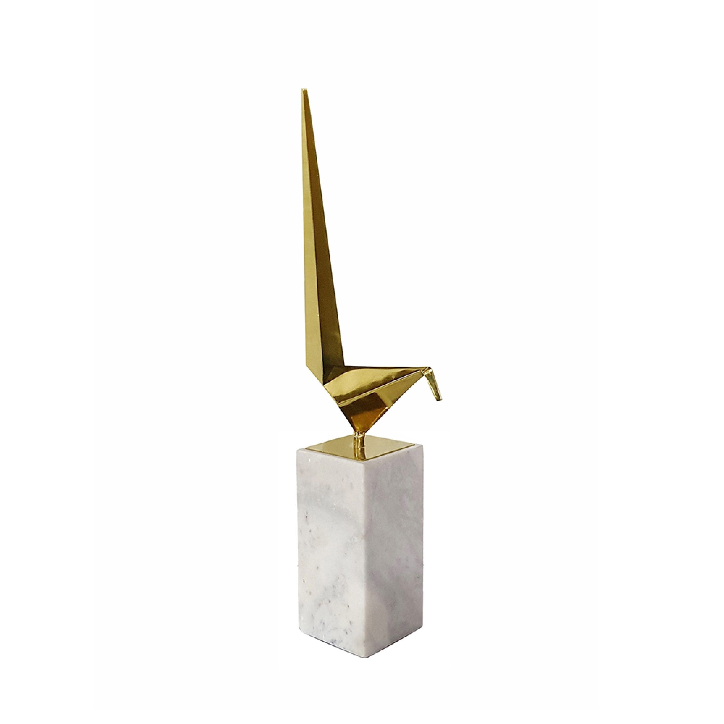 Komi Origami Bird Sculpture White Marble Base 21 Inch Gold Steel