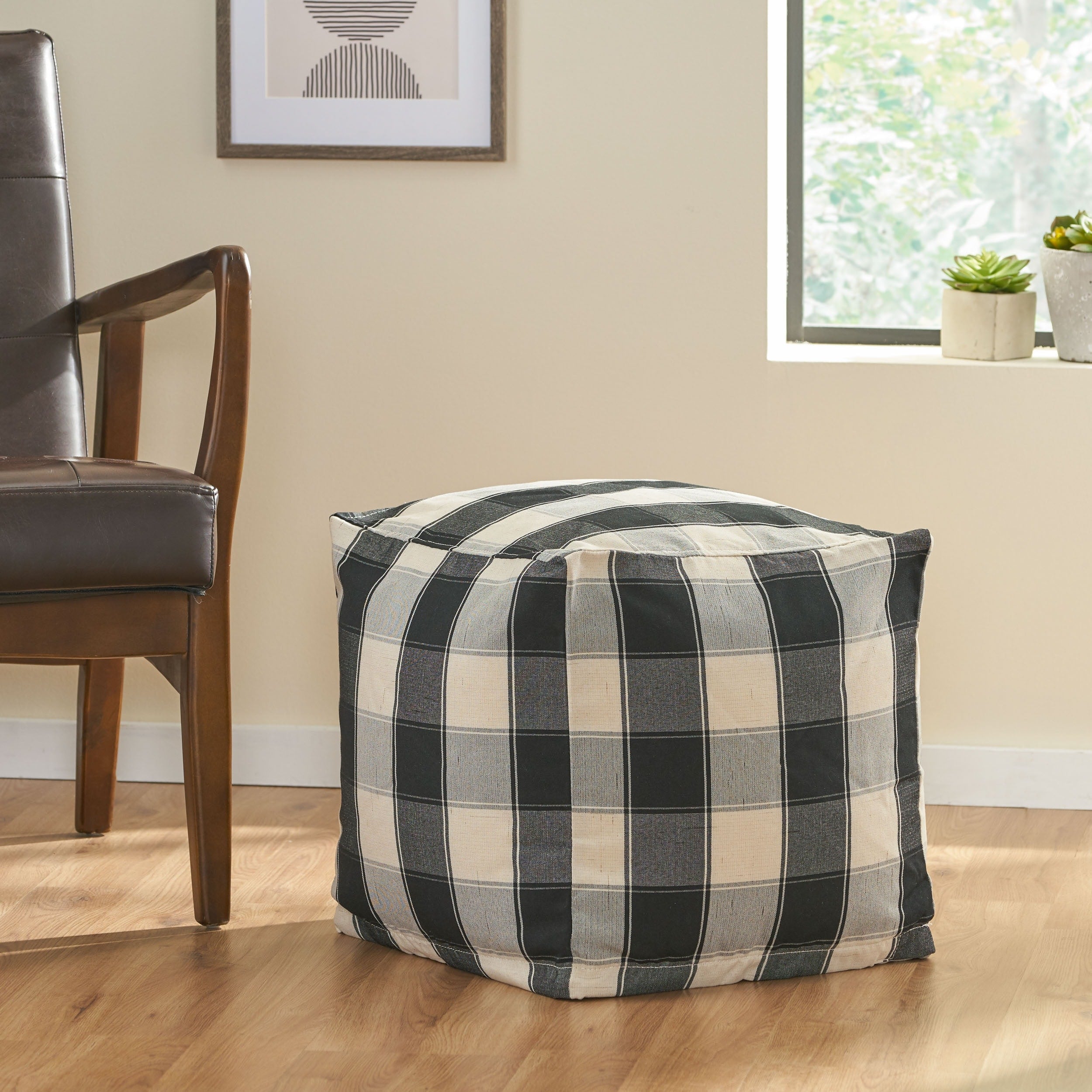 Konnor Modern Fabric Checkered Cube Pouf By Christopher Knight Home