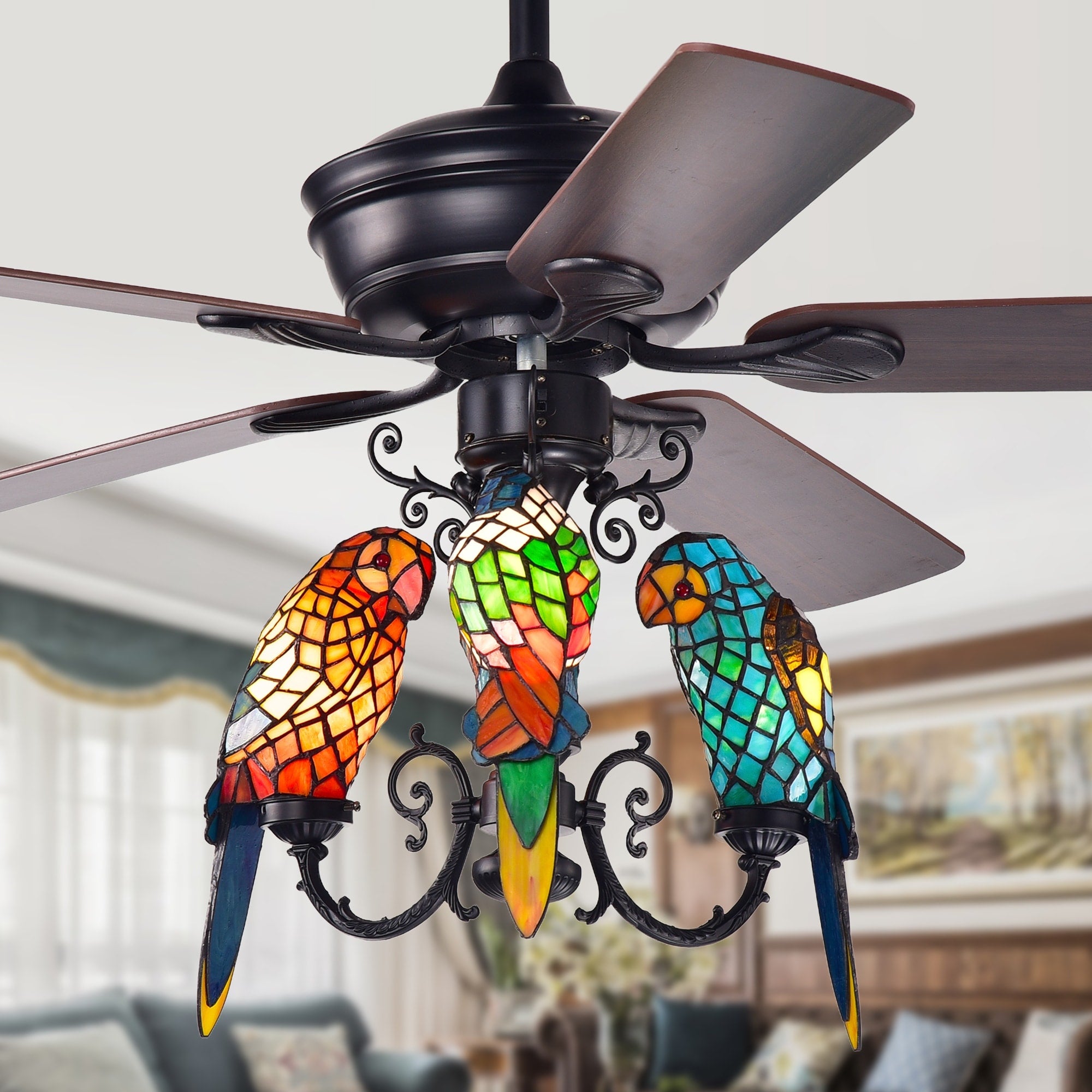 Korubo 3 Light 52 Inch Lighted Ceiling Fan Tiffany Style Parrot Shades Remote Controlled