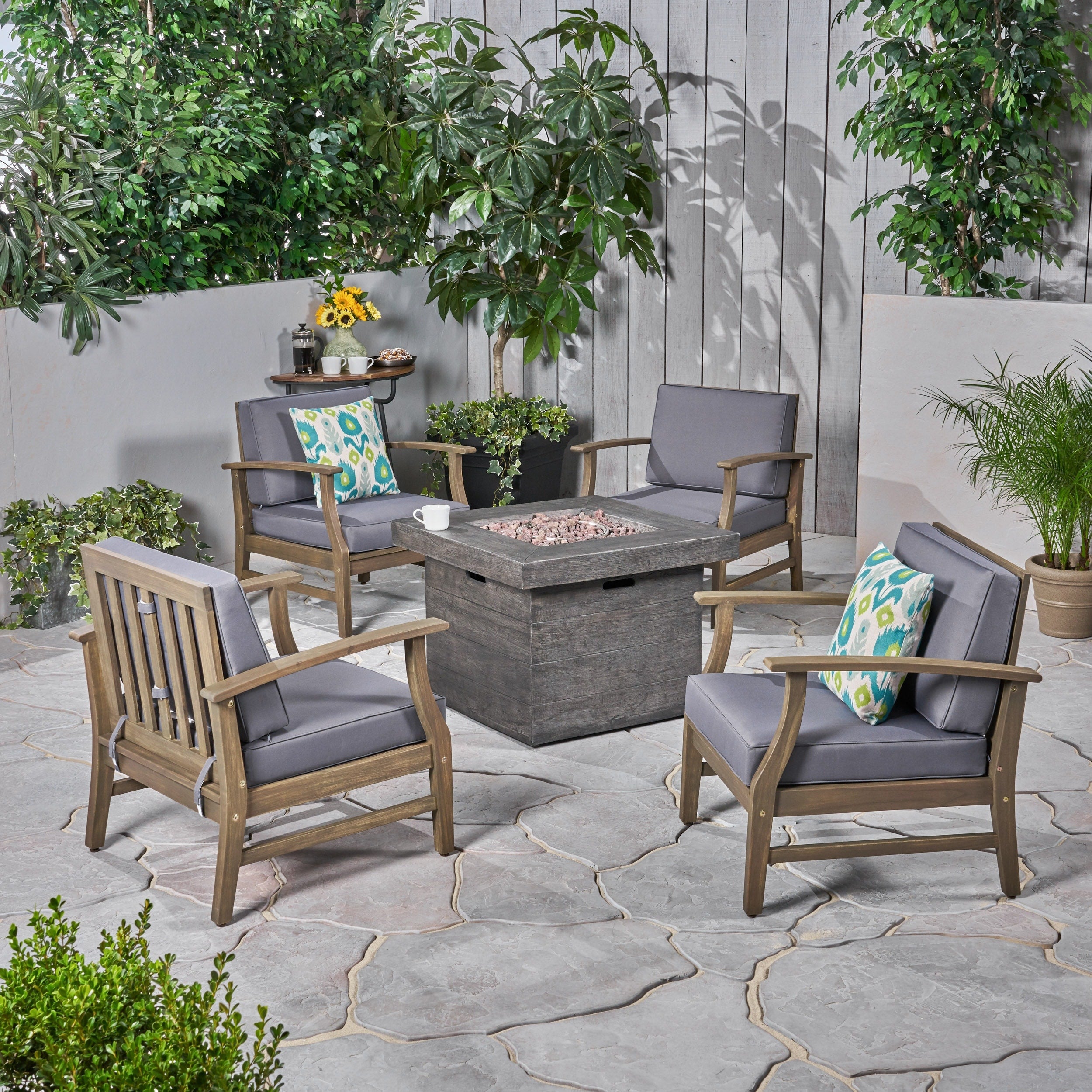Kourtney Outdoor 4 Seater Wood Chat Set With Fire Table By Christopher Knight Home