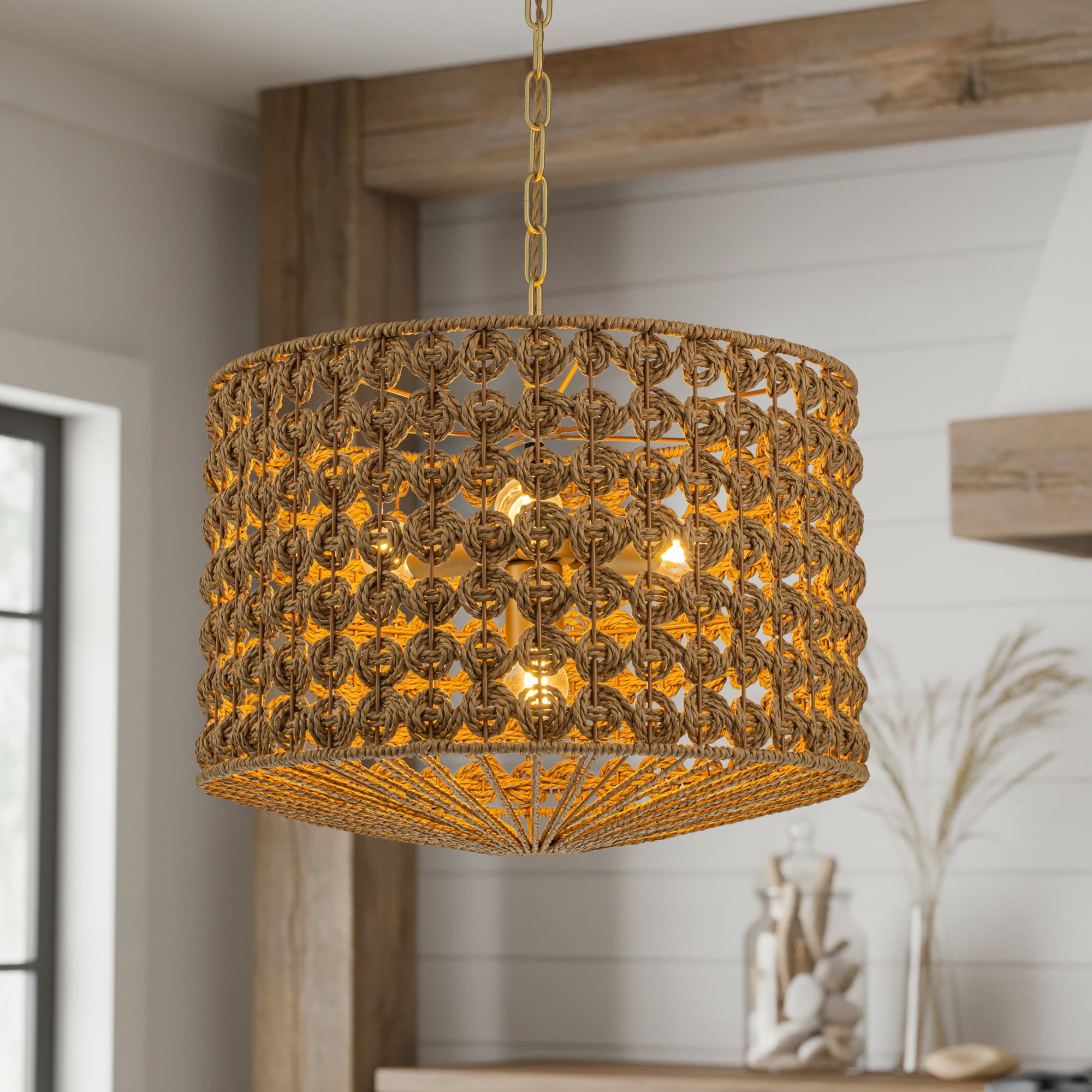 Koyo 4 Light Rattan Drum Pendant Coastal Boho Handwoven
