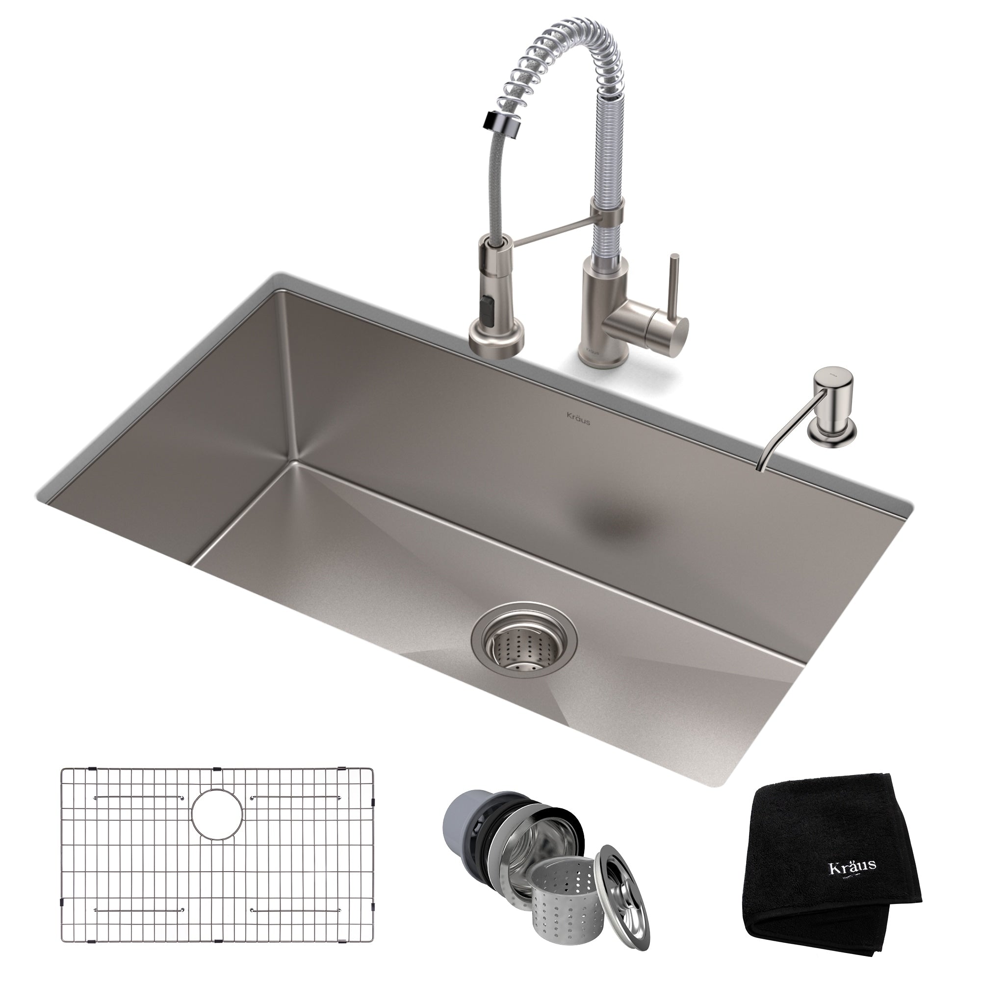 Kraus 30 Inch Stainless Steel Kitchen Sink Faucet Soap Dispenser Set