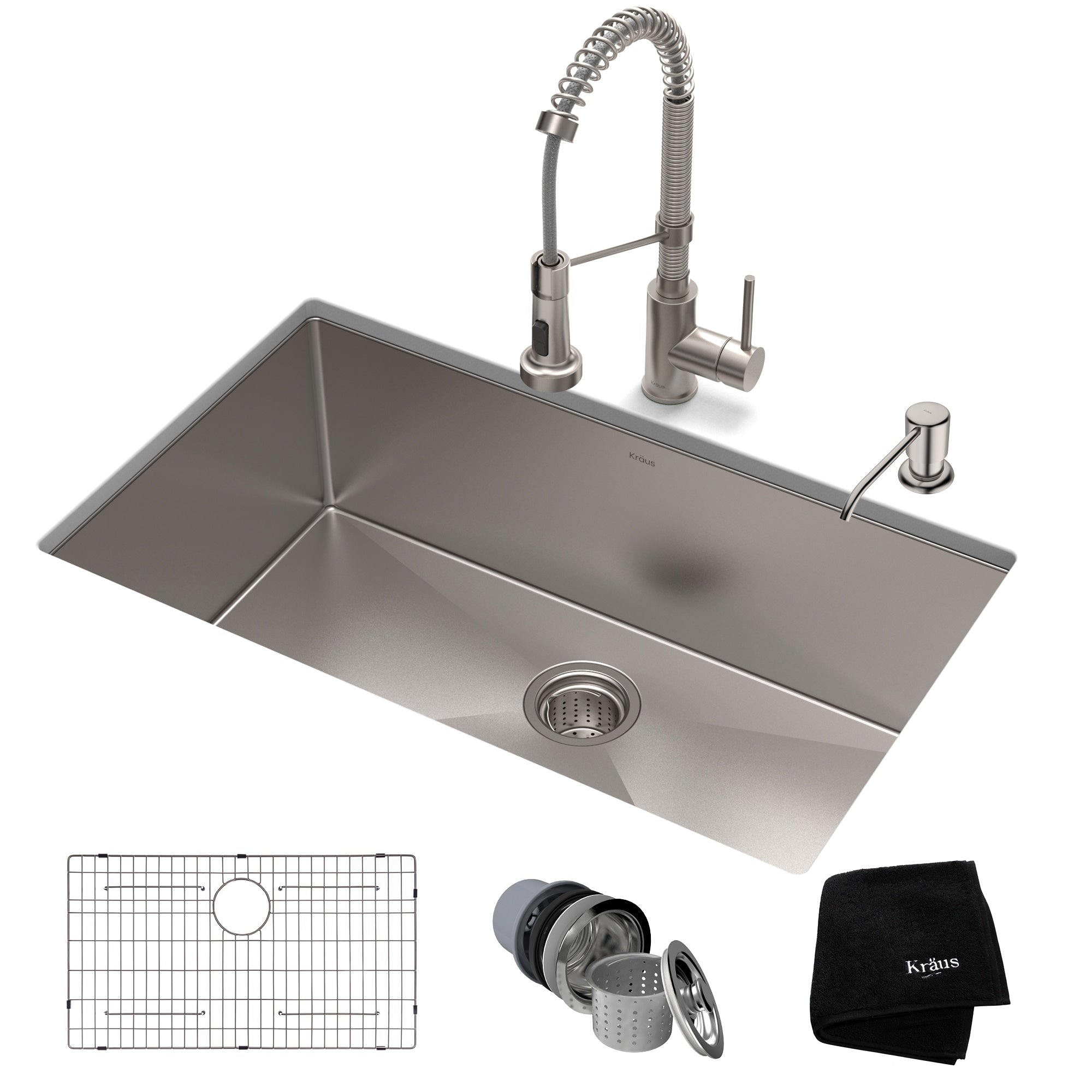 Kraus 32 Inch Stainless Steel Kitchen Sink Faucet Soap Dispenser Set