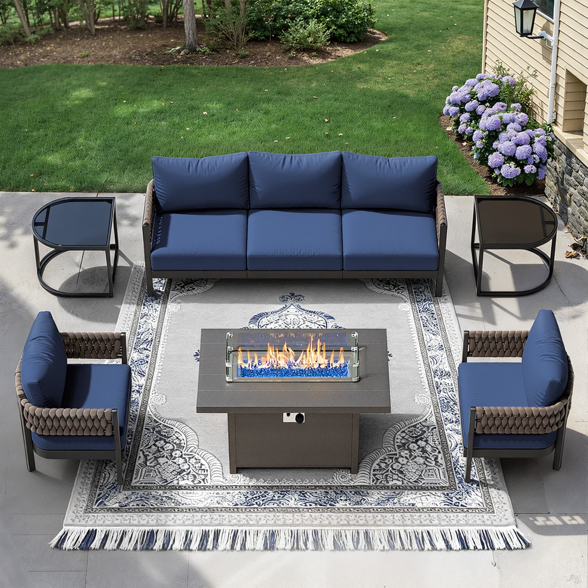 Kullavik 6 Piece Aluminlum Frame Woven Rope Patio Sofa With Fire Pit Table Glass Table And Cushions