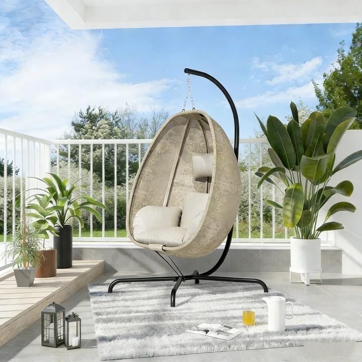 Kullavik Foldable Egg Chair With Stand Textilene Jacquard Fabric Swing Chair With Strong Metal Frame