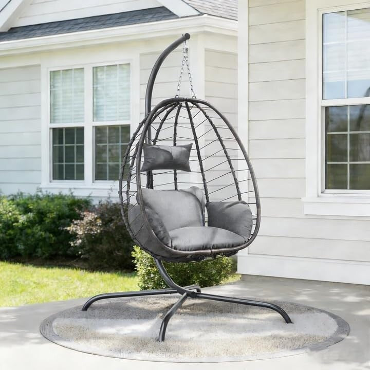 Kullavik Foldable Egg Chair With Stand Wicker Rattan Hammock Swing Chair With Strong Frame Uv Resistant Cushion