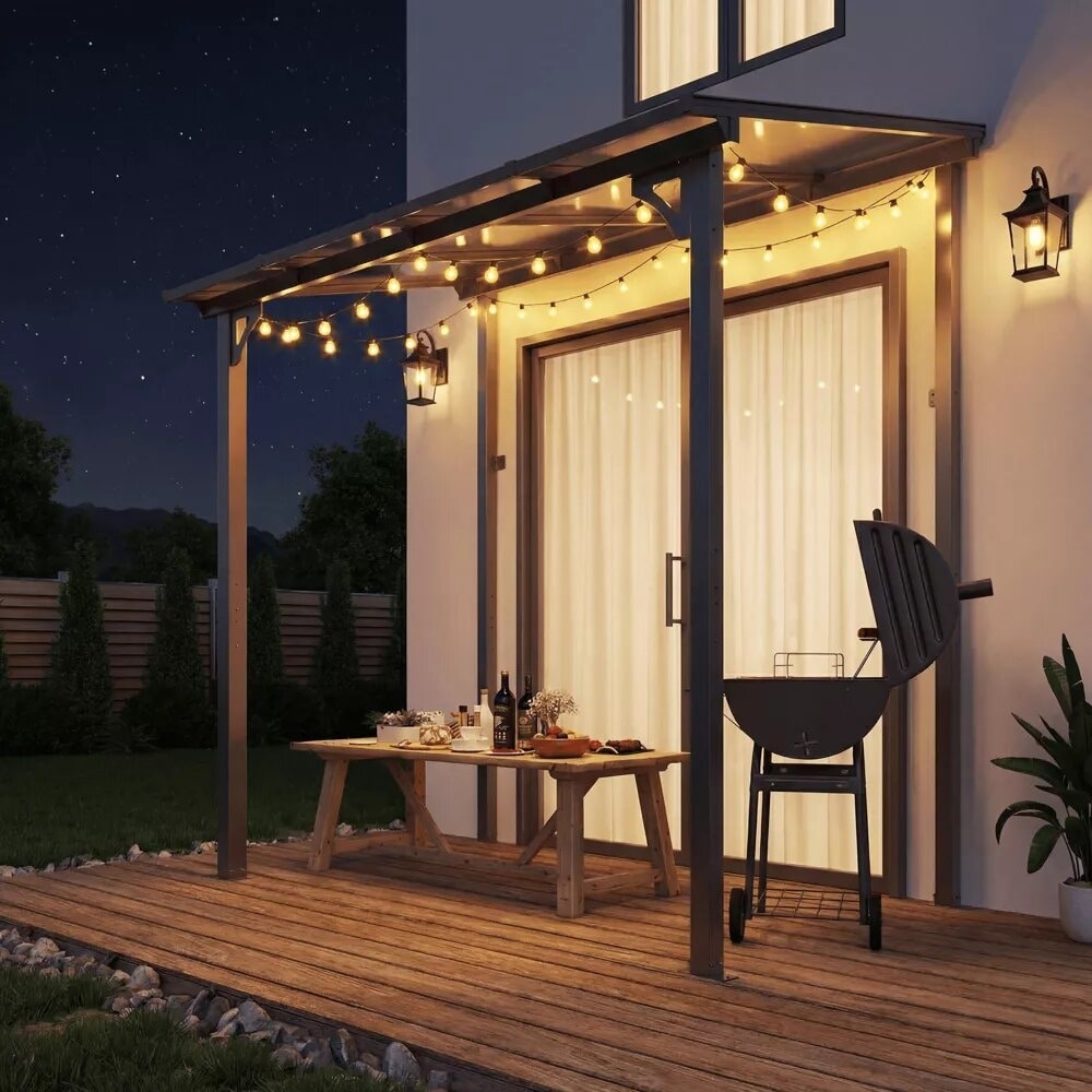 Kullavik Wall Mounted Gazebo Sloped Hardtop Pergola W 6Mm Sun Panels Sturdy Steel Crossbeams.