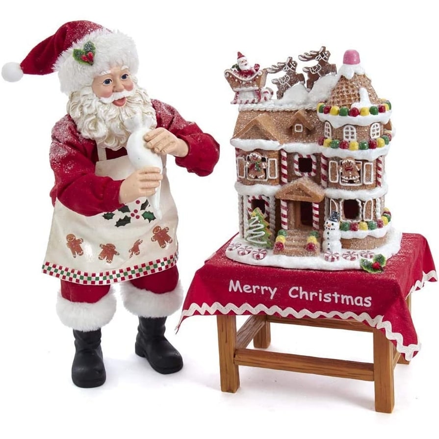 Kurt Adler 10.5 Inch Battery Operated Fabriche Santa Decorating Led Gingerbread House Table Piece
