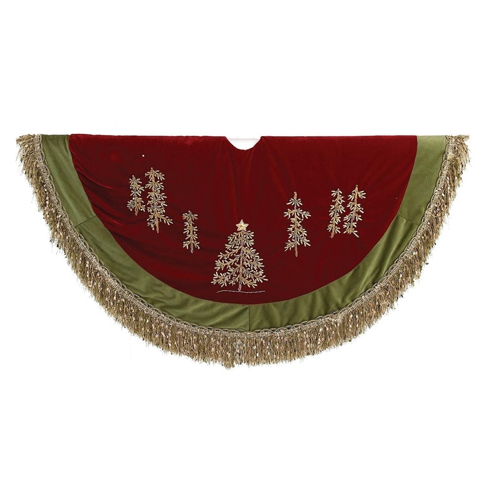 Kurt Adler 50 Inch Burgundy Ribbon Trees Treeskirt With Green Tassel Border