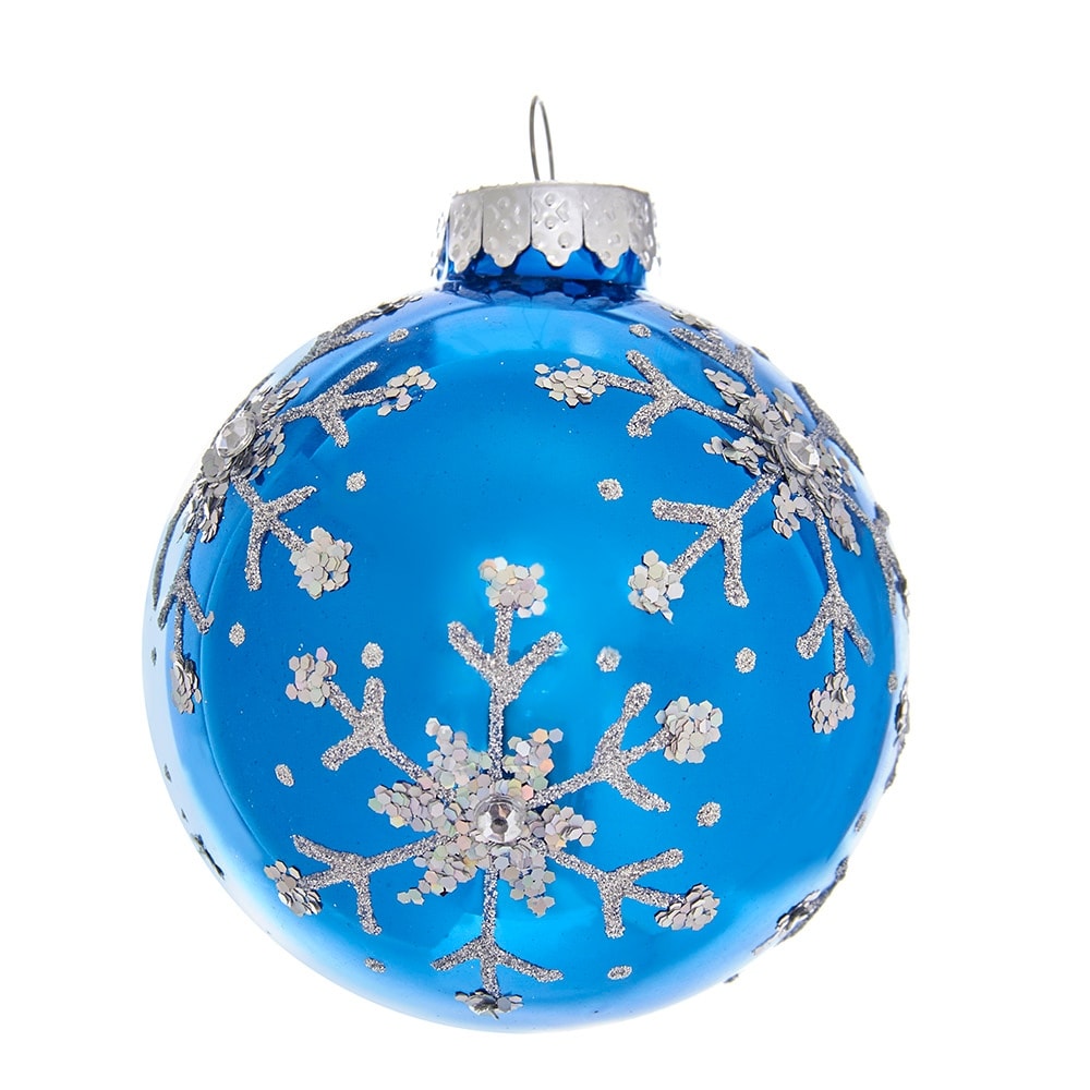 Kurt Adler 80Mm Blue And Silver Glitter Snowflake Glass Ball Ornaments 6 Piece Box 3.15