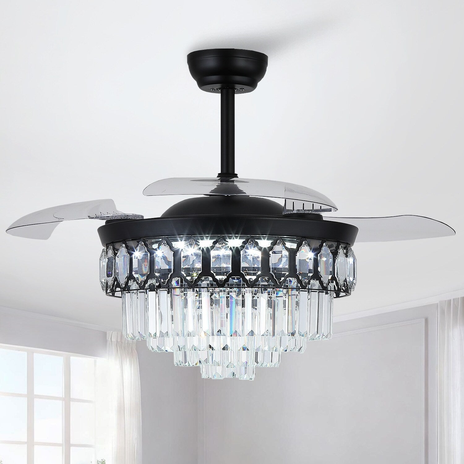 48 Crystal Fandelier Ceiling Fan With Light And Retractable Blades Led Dimmable For Bedroom Living Room 48 Inches