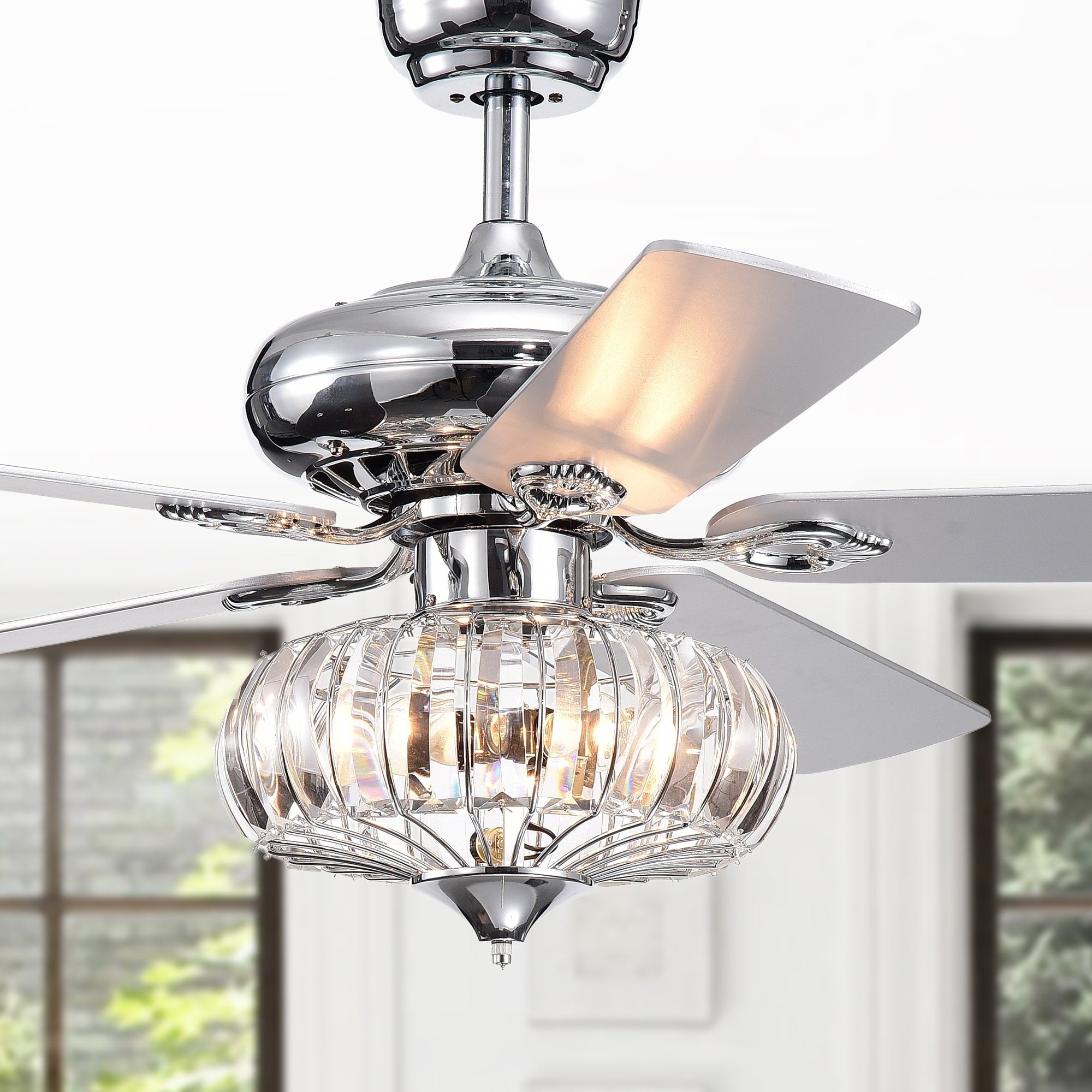 Kyana Debase 52 Inch 5 Blade Chrome Lighted Ceiling Fans With Crystal Bowl Shade Remote Controlled