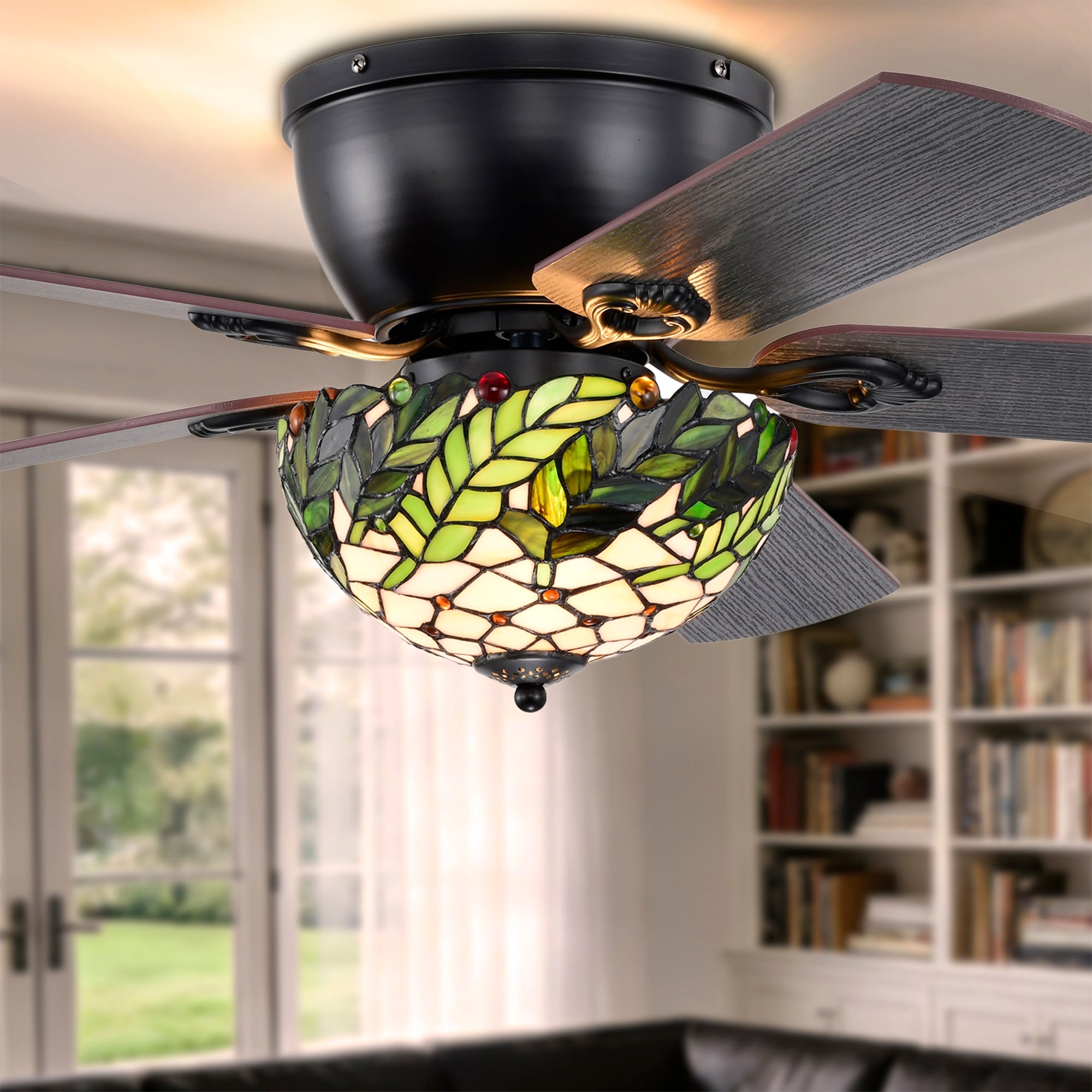 Kyemon 52 Inch Flushmount Lighted Ceiling Fan White Green Fronds Tiffany Glass Lamp Black Finish