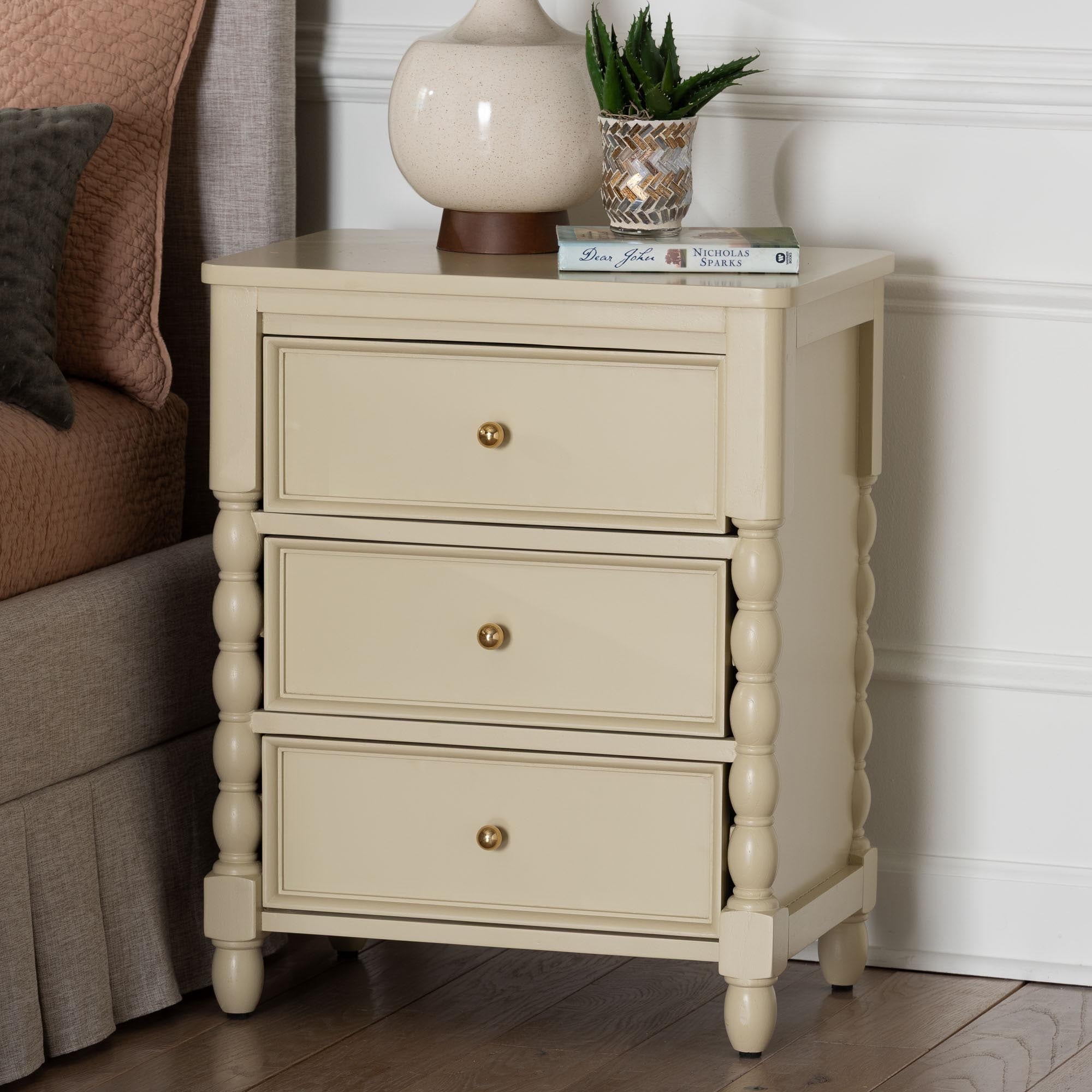 Kyla Nightstand With Spindle Legs 3 Drawer Bedside Table With Turned Detailing And Inset Paneling
