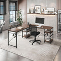 L Shape Industrial Desk With Storage Shelves Walnut