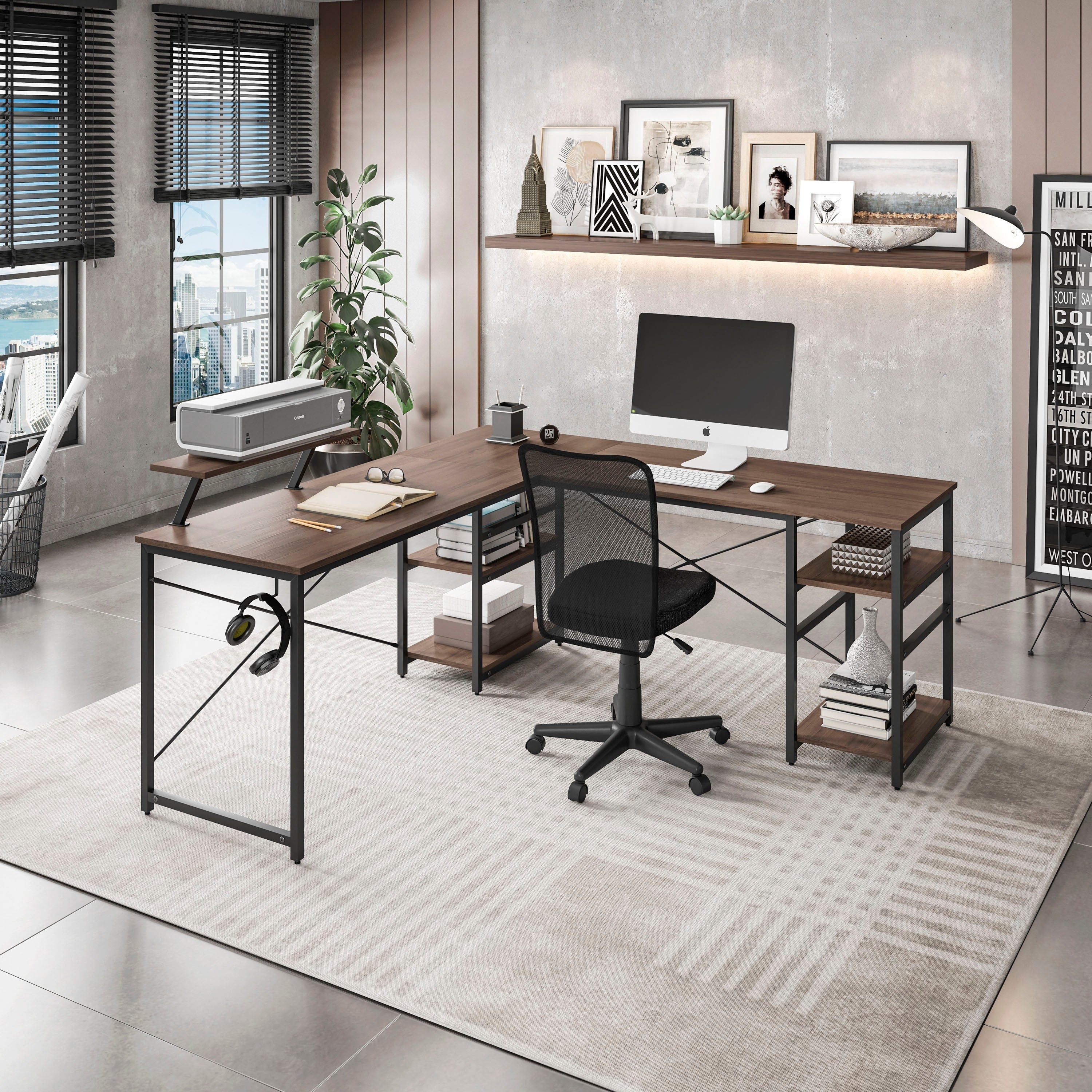 L Shape Industrial Desk With Storage Shelves Walnut