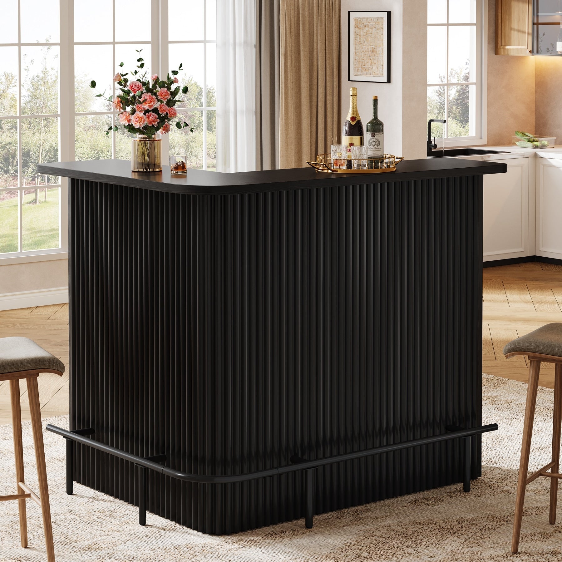L Shaped Bar Table With Metal Footrest 4 Tier Home Bar Unit