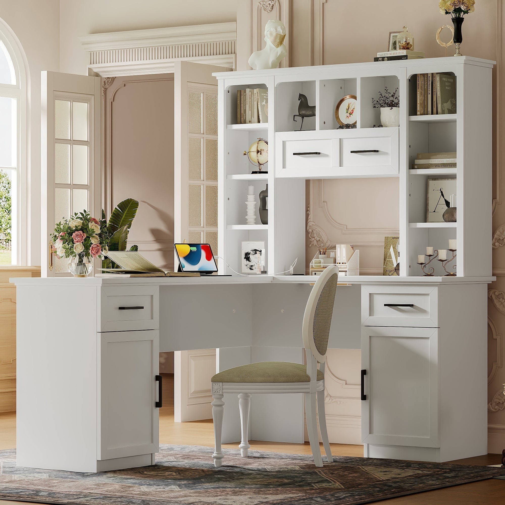 L Shaped Computer Desk With 2 Cabinets And 2 Drawers With Outlet