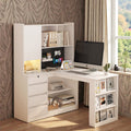 L Shaped Computer Desk With Drawers And Bookshelf Corner Desk With Led Light And Power Outlets For Home Office