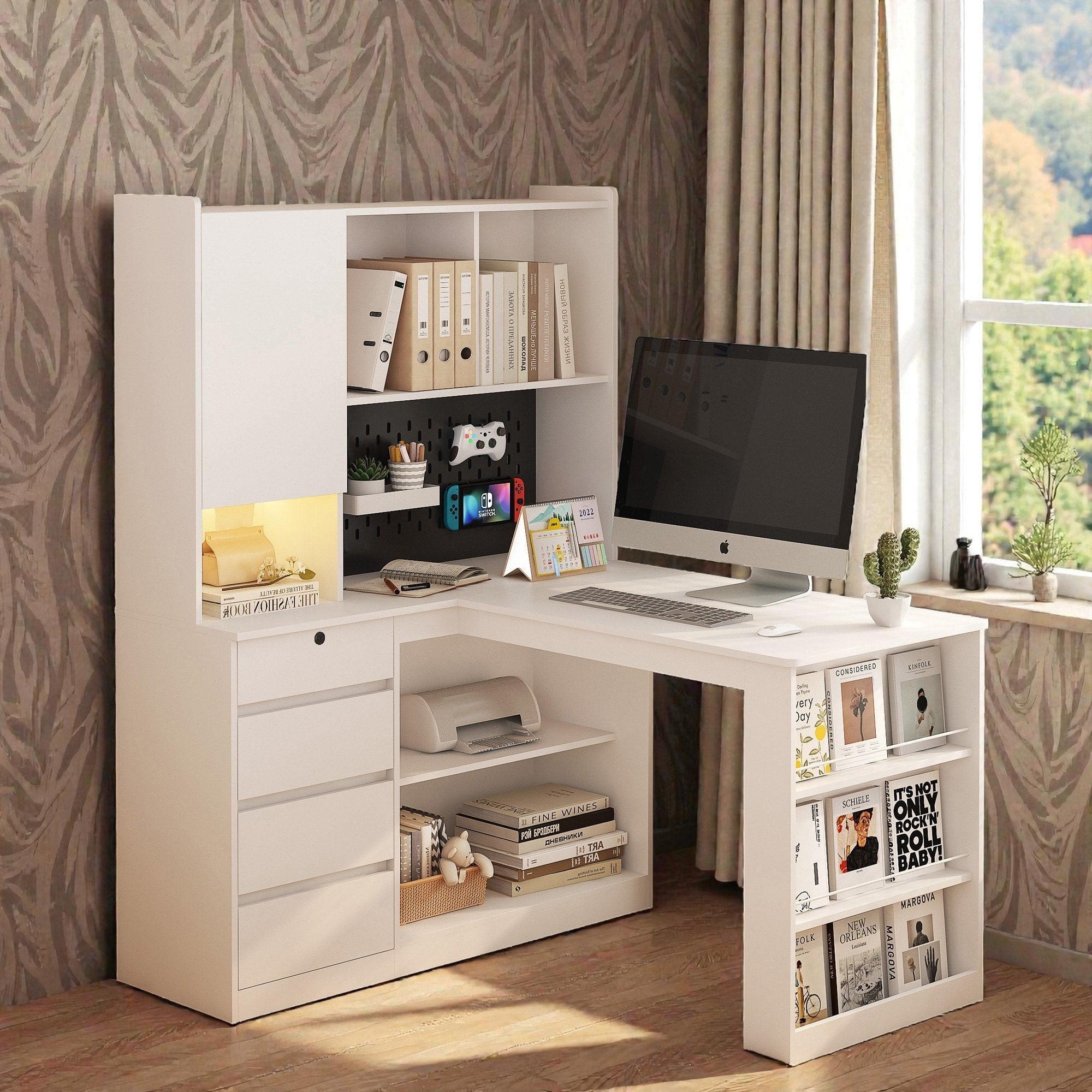 L Shaped Computer Desk With Drawers And Bookshelf Corner Desk With Led Light And Power Outlets For Home Office