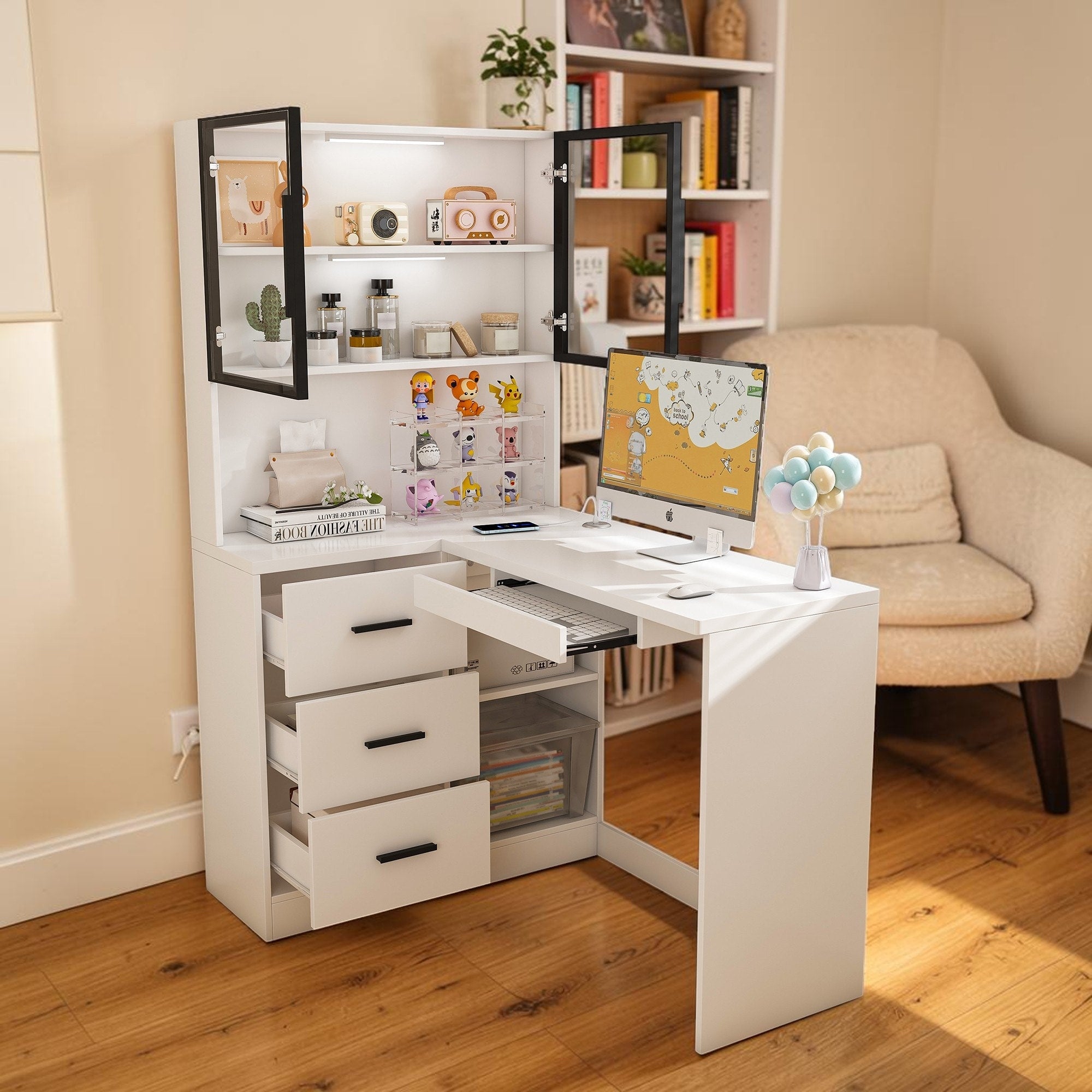 L Shaped Computer Desk With Glass Cabinets Led Lights Usb Ports And Keyboard Tray Office Desk