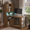 L Shaped Computer Desk With Led Light And Power Outlets Corner Desk With Drawers Bookshelf For Home Office