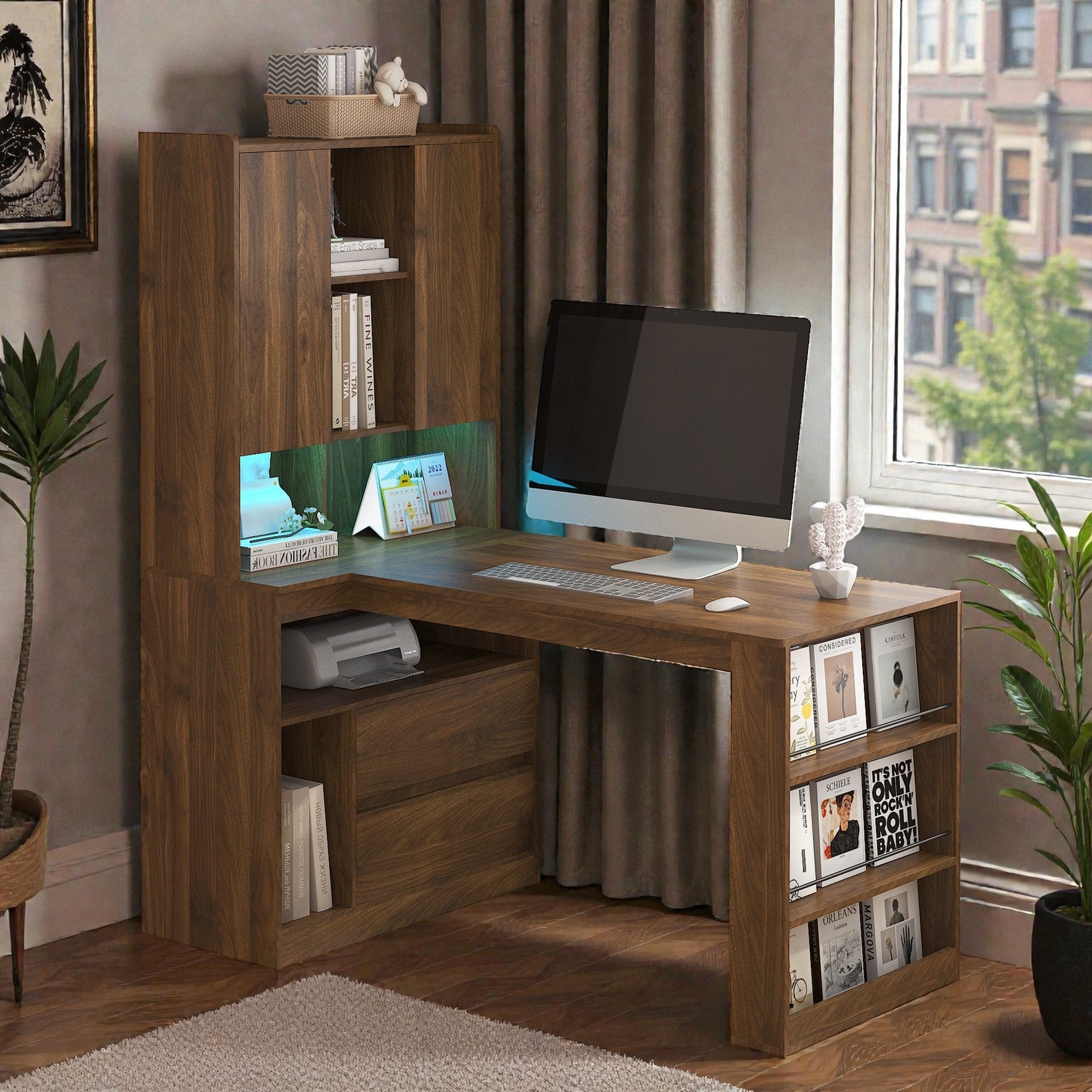 L Shaped Computer Desk With Led Light And Power Outlets Corner Desk With Drawers Bookshelf For Home Office