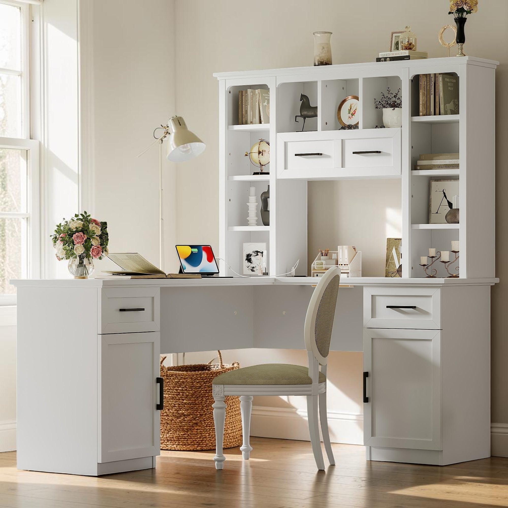 L Shaped Computer Desk With Storage Cabinets Drawers Shelves And Power Outlet Home Office Desk