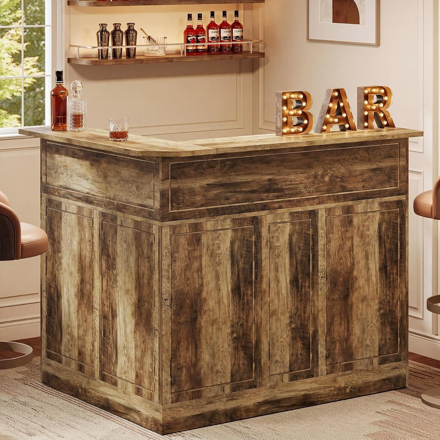 L Shaped Corner Bar Cabinet 4 Tier Home Bar Table Unit With Stemware Racks 31.49 W X 80.7 L X 29.53 H