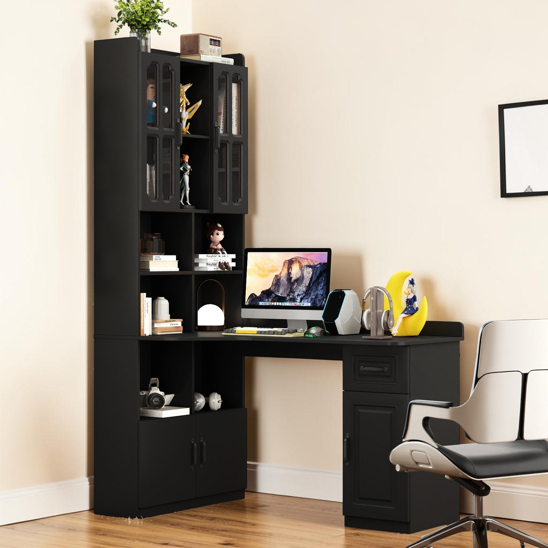 L Shaped Corner Computer Desk With Drawers Hutch And Bookshelf Modern Home Office Desk
