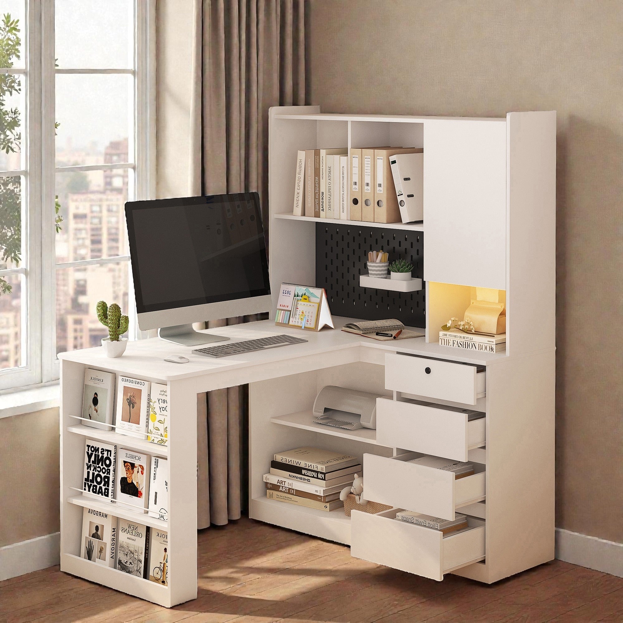 L Shaped Desk With Charger And Led Light Corner Computer Desk With Drawers Bookshelf And Storage For Home Office