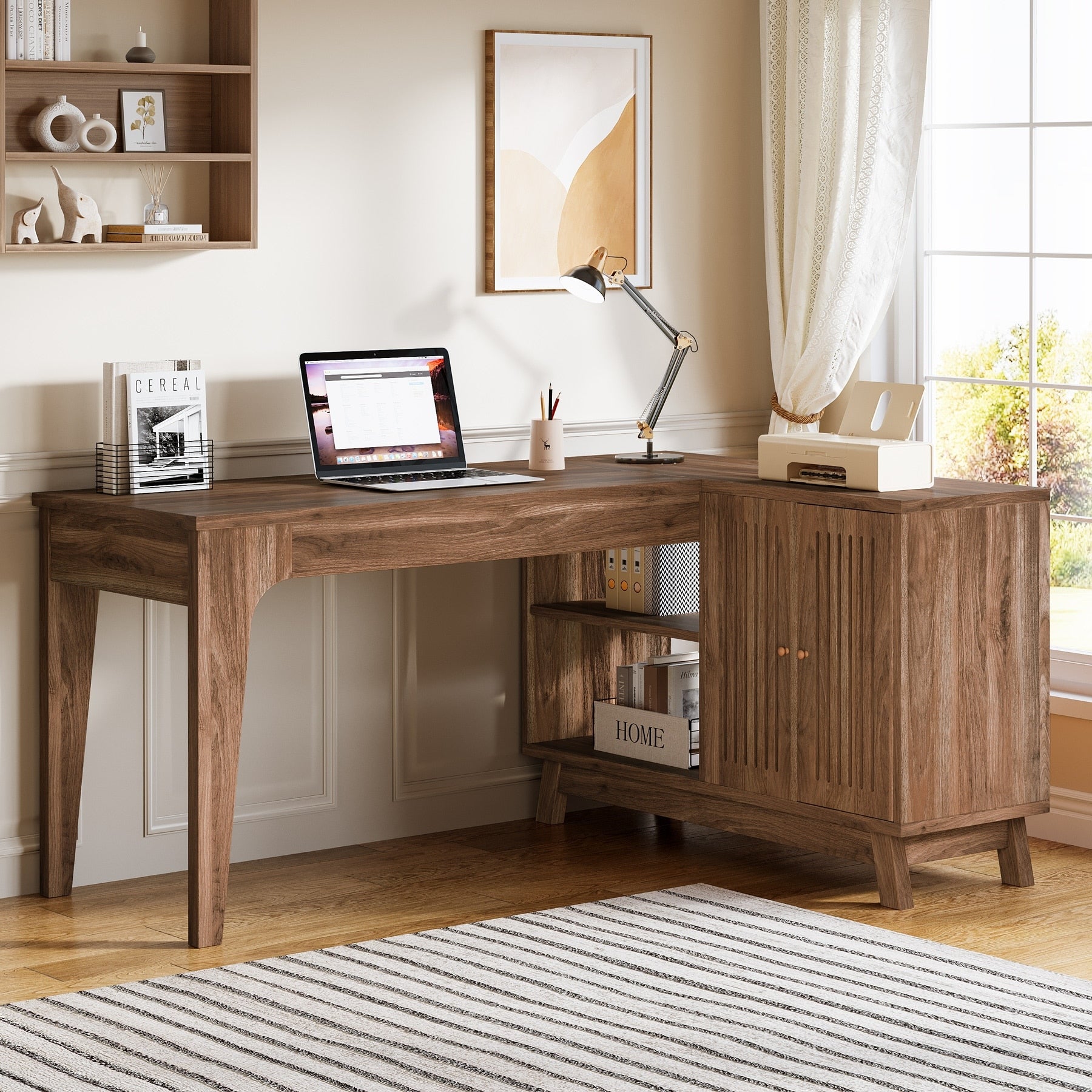 L Shaped Desk With Storage Cabinet 57 Inch Wood Corner Workstation