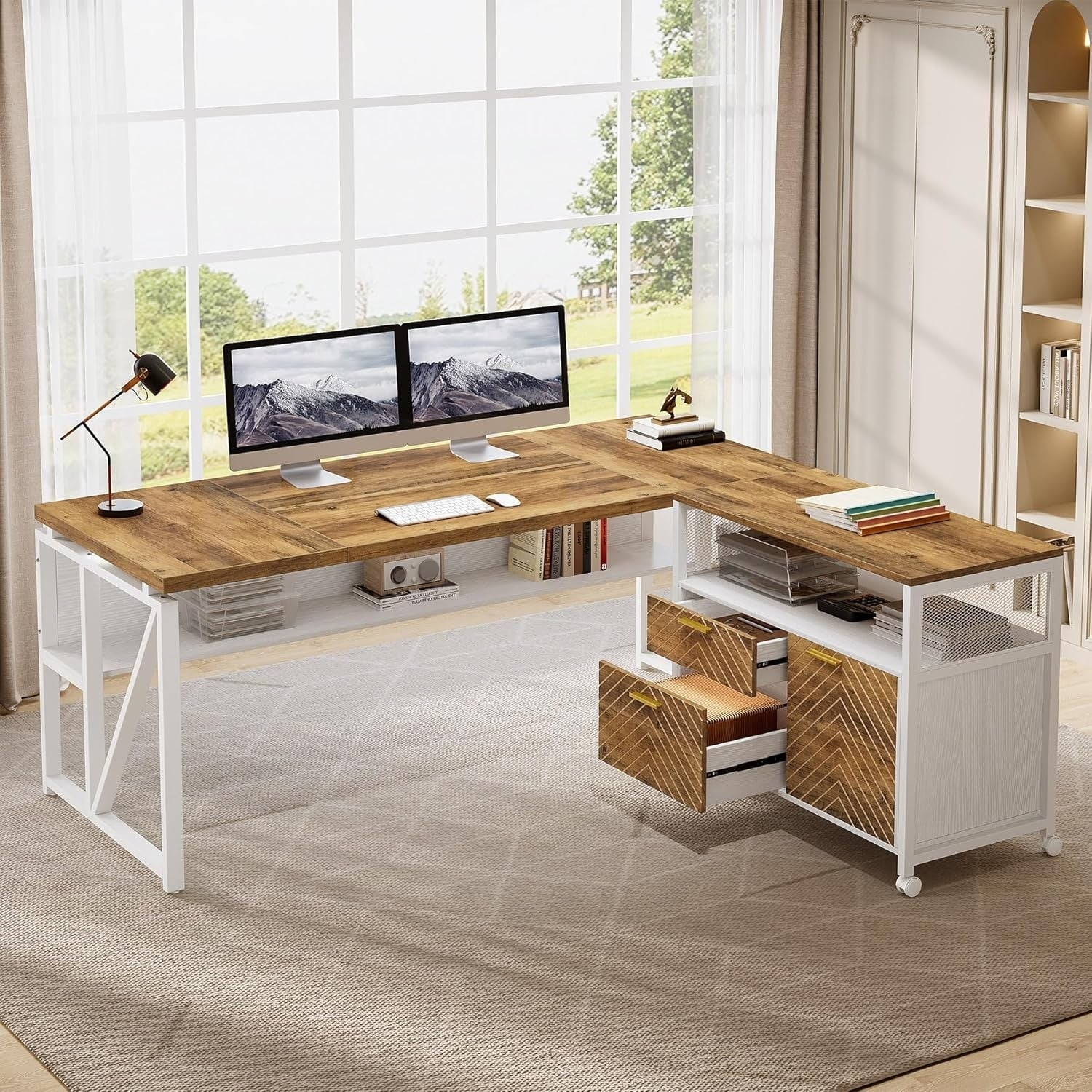 L Shaped Executive Desk 63 Inch Office Computer Desk With Storage Cabinet Open Shelving For Home Business Office
