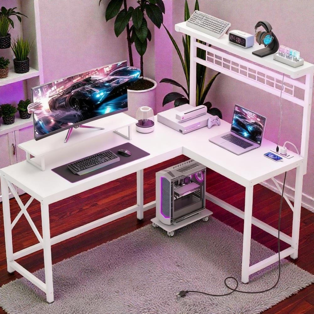 L Shaped Gaming Desk With Led Lights And Power Outlets Computer Desk With Monitor Stand And Cpu Shelf