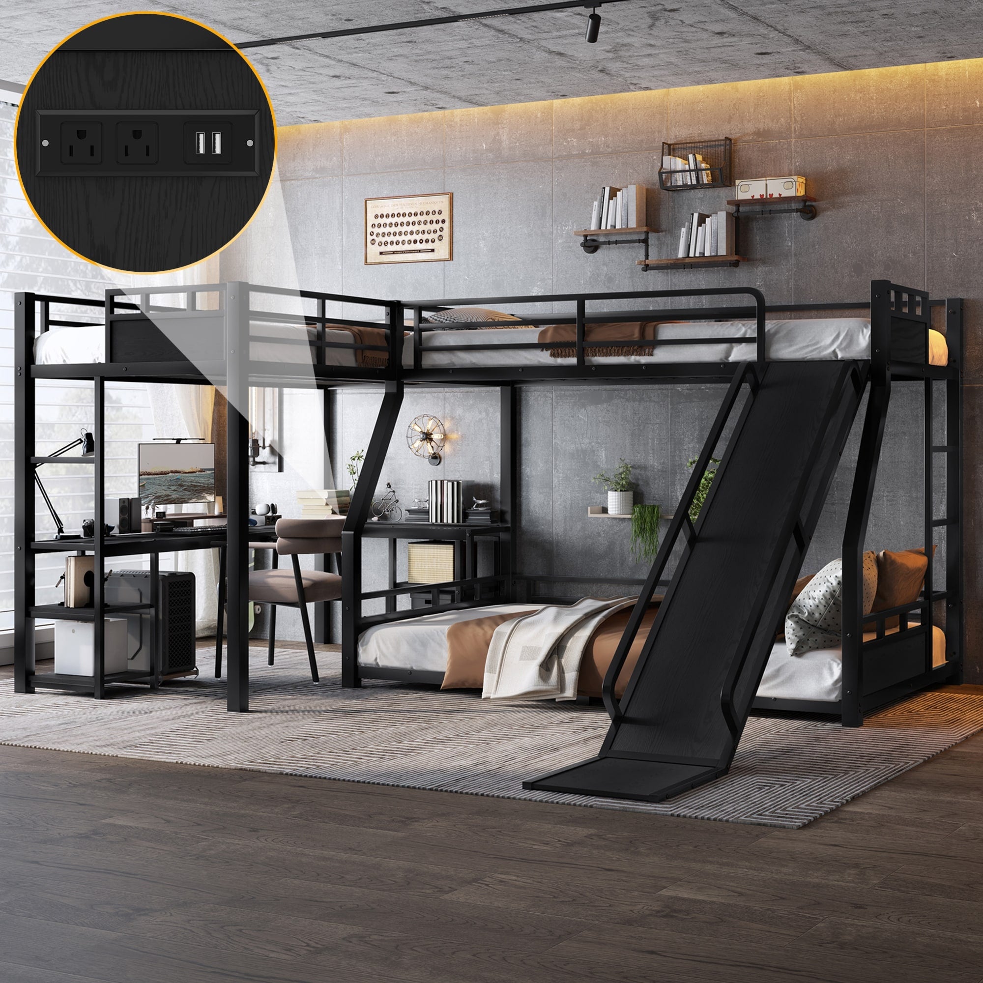 L Shaped Metal Triple Bunk Bed With Slide Built In Desk Storage Shelves And Usb Charging Port