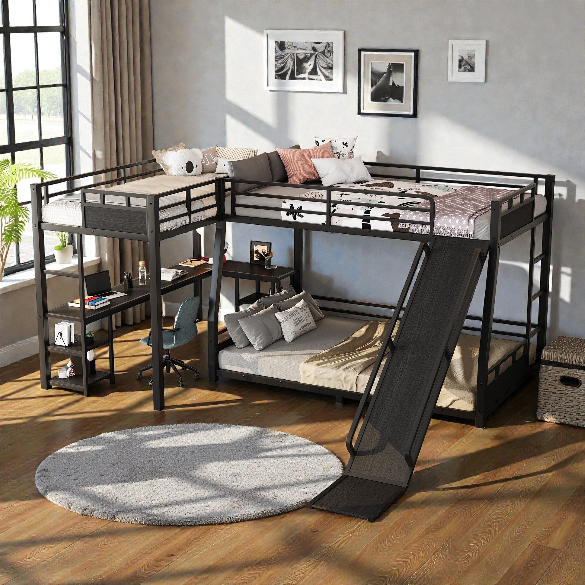 L Shaped Metal Triple Bunk Bed With Slide Full Xl Over Queen And Twin Xl Loft With Desk And Shelves