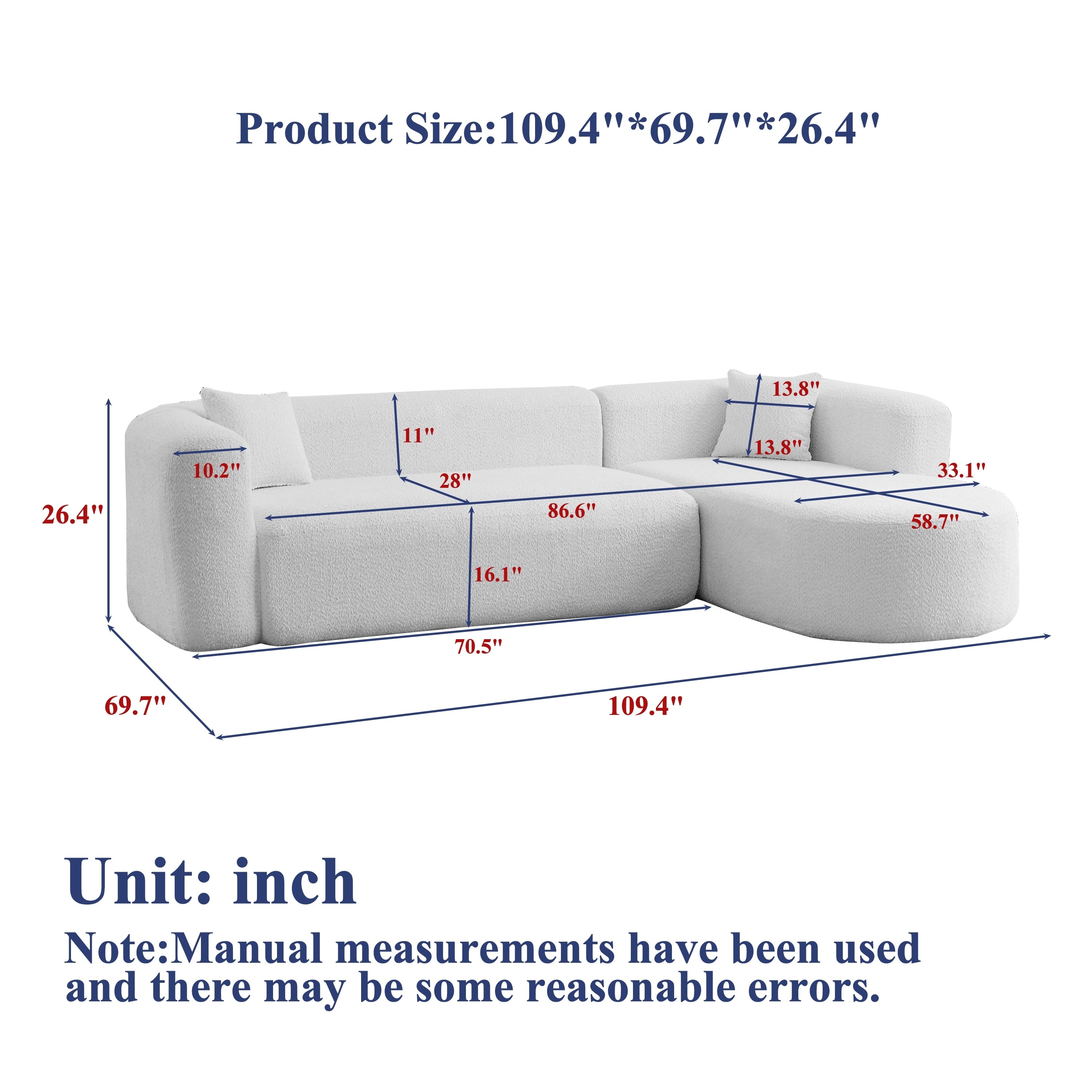 L Shaped Modular Sectional Sofa Comfy Chenille Boneless Cloud Couch Corner Deep Seat Sofa With 2 Throw Pillows