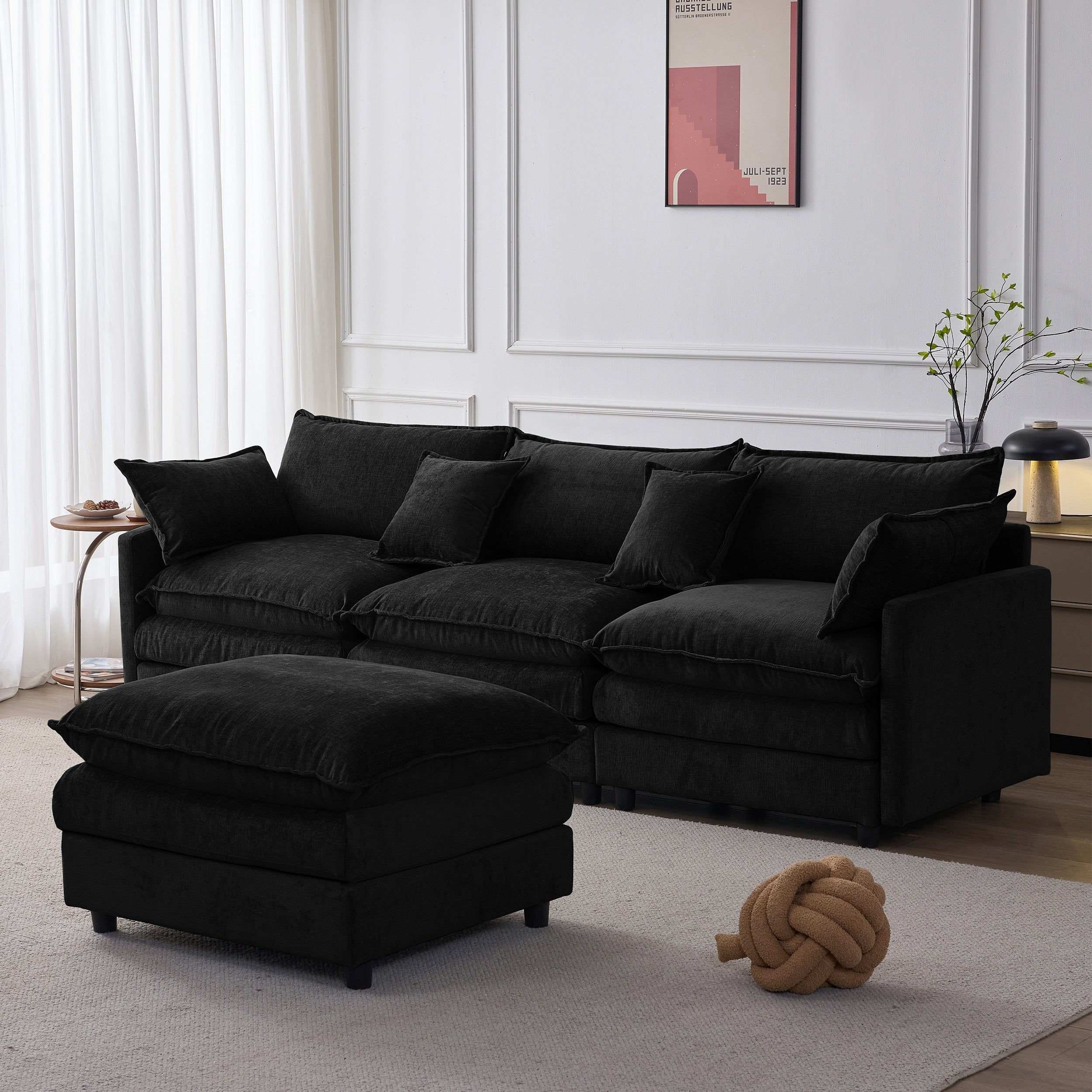 L Shaped Modular Sectional Sofa Comfy Chenille Deep Seat Cloud Sofa Upholstered 3 Seat Sofa With Removable Ottoman
