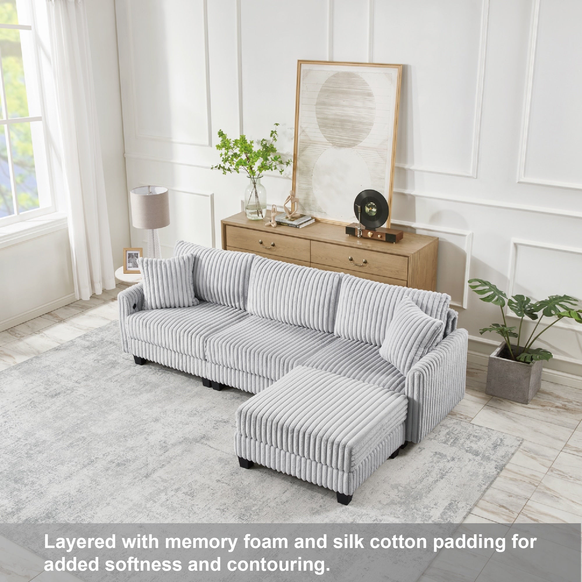 L Shaped Modular Sectional Sofa Vertical Corduroy Upholstered Sofa With Dual Charging Ports Comfy 3 Seat Sofa With Ottoman