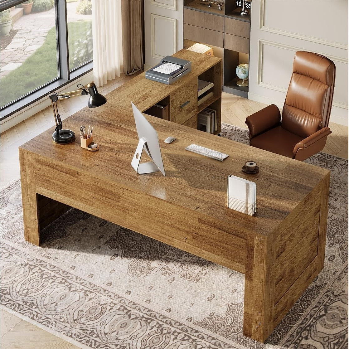 L Shaped Office Desk With Drawers And Shelves 63 Executive Desk With File Cabinet Business Combo Furniture Computer Desk Set