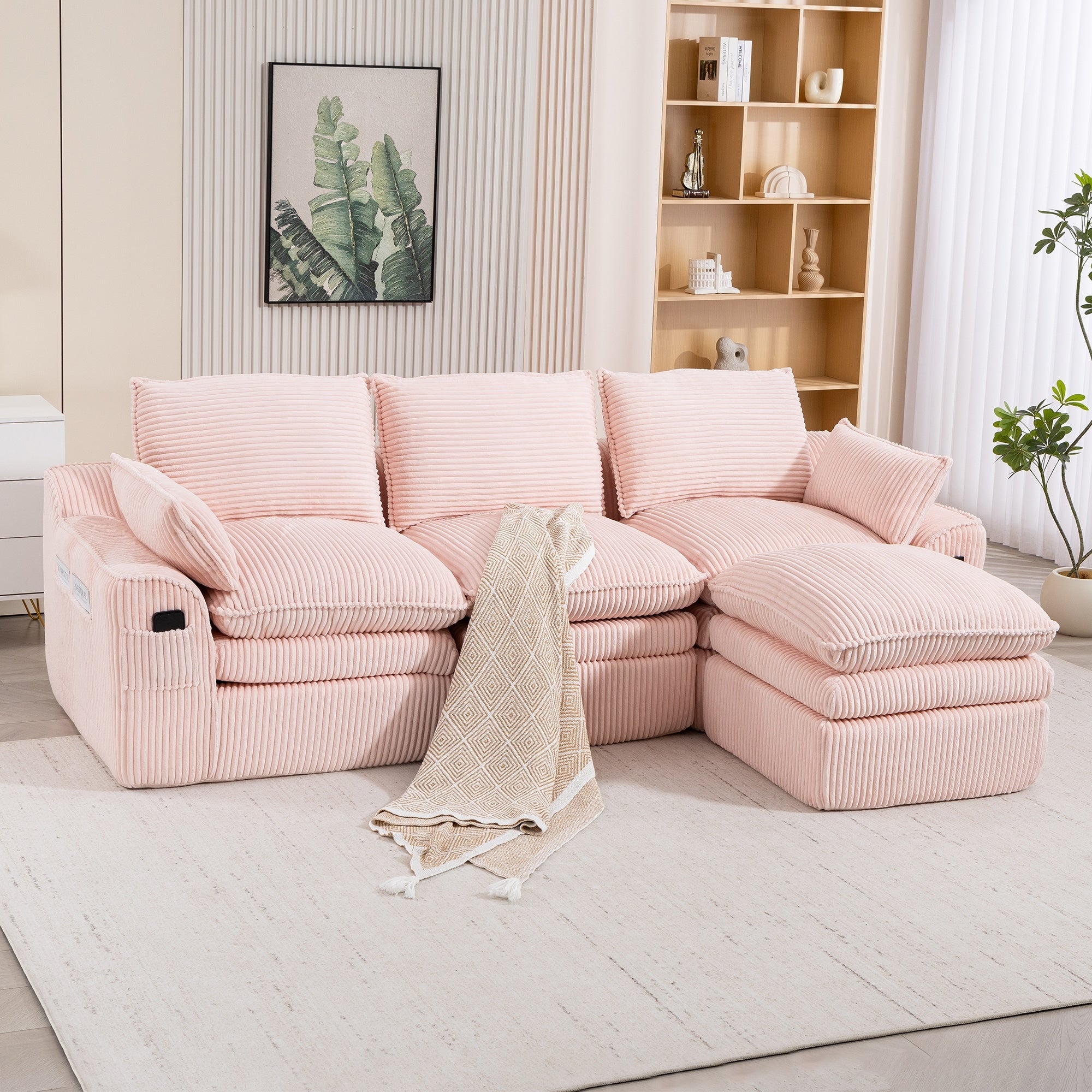 L Shaped Sectional Sofa Corduroy Upholstered Boneless Couches With Movable Footstool With Three Pillows And Two Lumbar Pillows