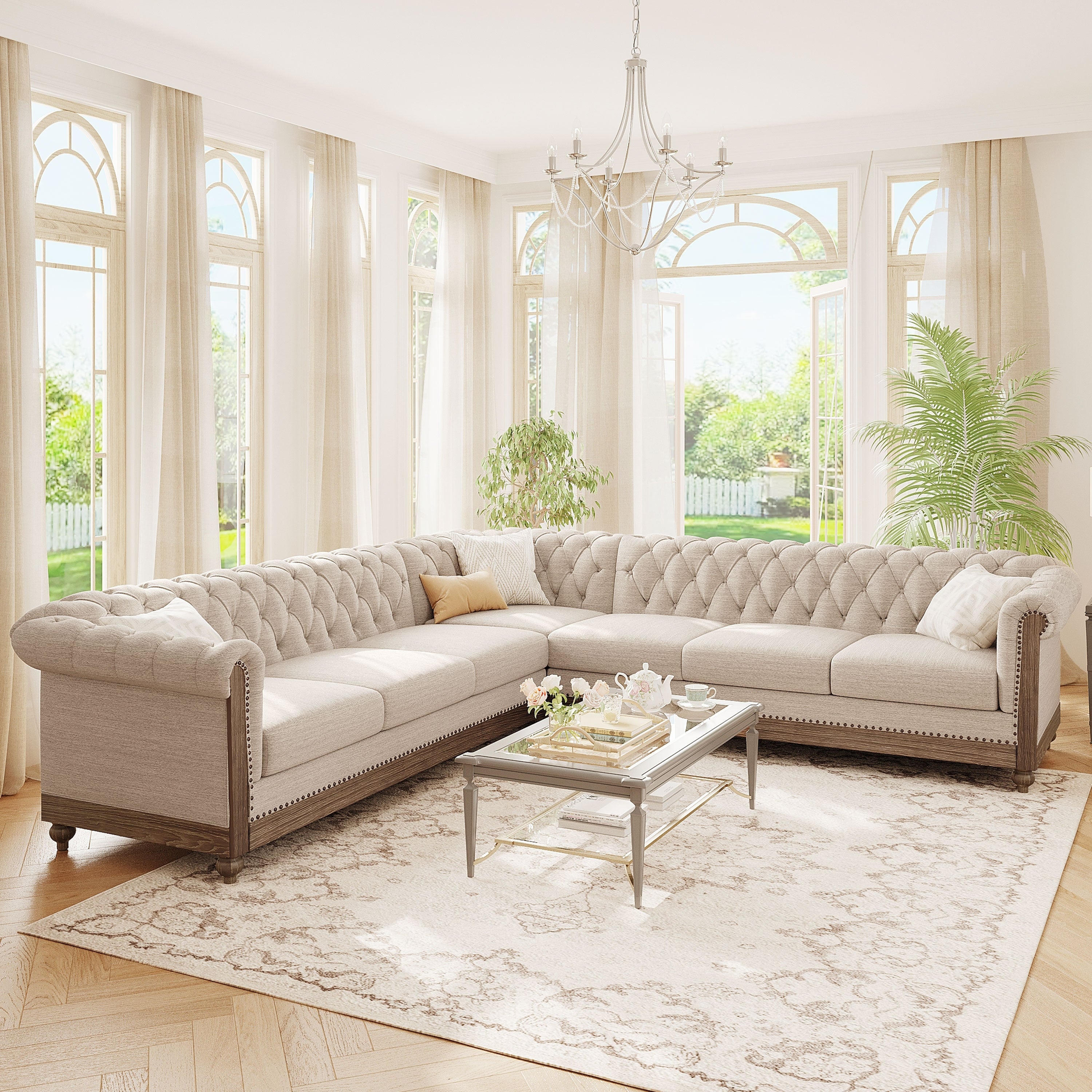 L Shaped Sectional Sofa With Nailhead Trim Wooden Legs Comfy Tufted Upholstered Sofa Large 6 Seater Sofa For Living Room
