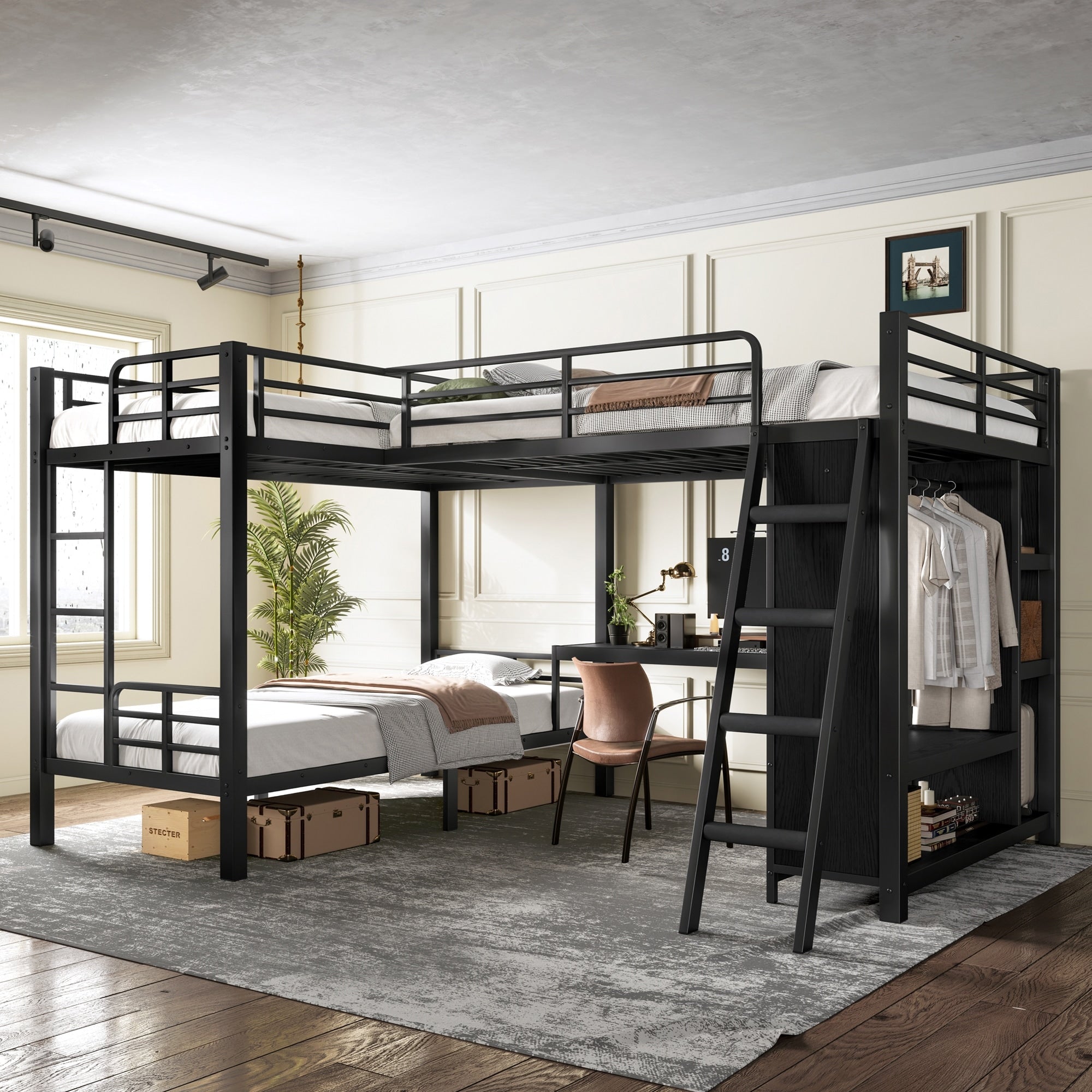 L Shaped Triple Bunk Bed With Desk And Wardrobe Twin Xl Over Twin Xl Bunk With Attached Full Loft Bed
