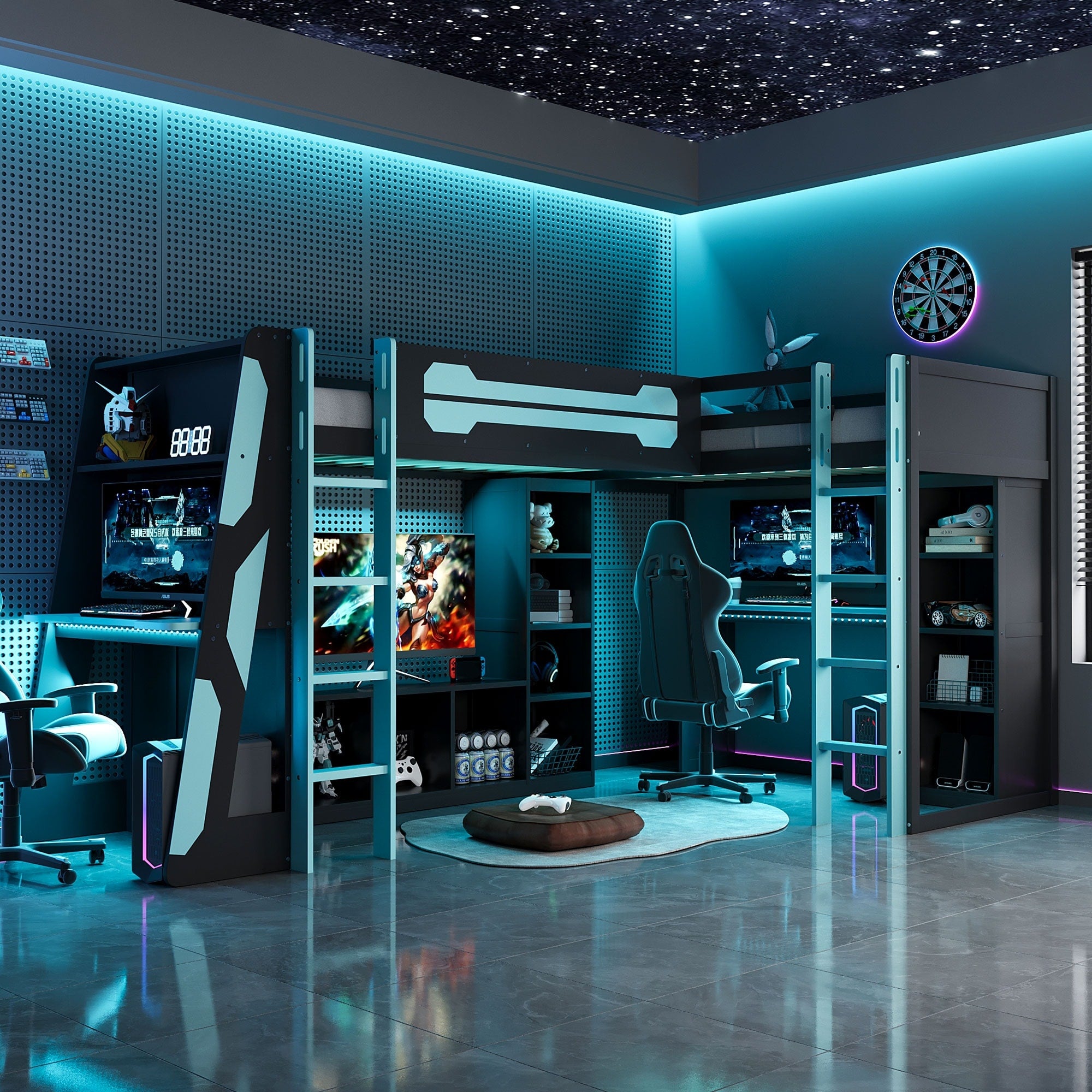 L Shaped Twin Gaming Bed With Rgb Led Lights And Storage Shelves