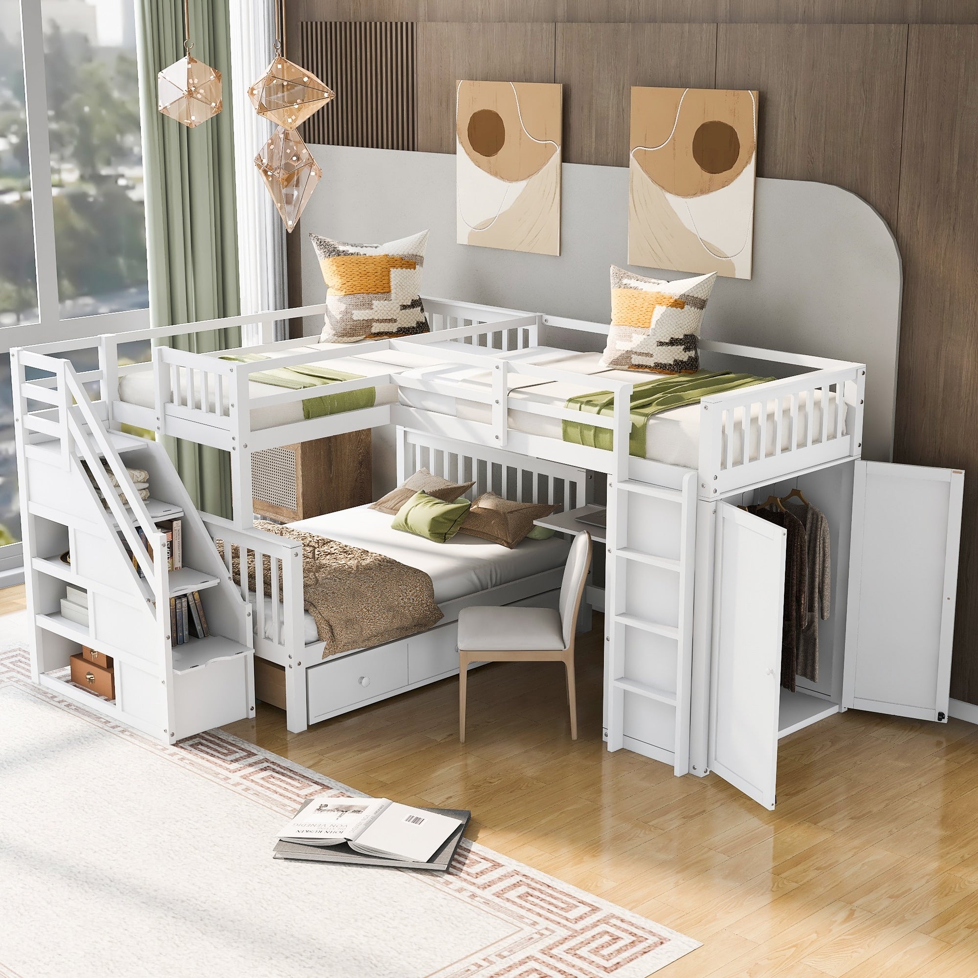 L Shaped Twin Over Full Bunk Bed With Desk Wardrobe 3 Drawers